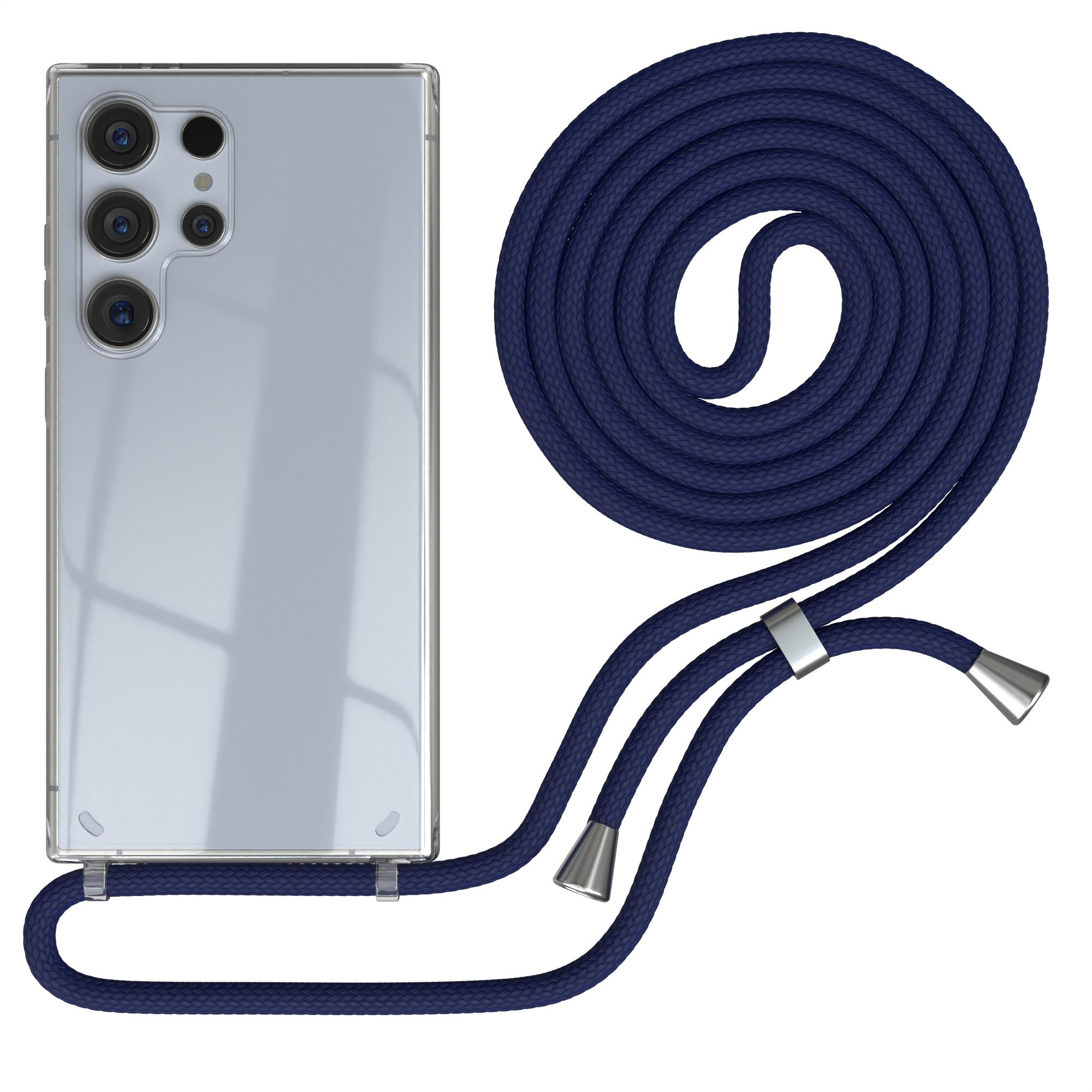 Transparente Handyhülle mit marineblauem Kordel. Telefon hat silberne Rückseite und ein Lanyard.