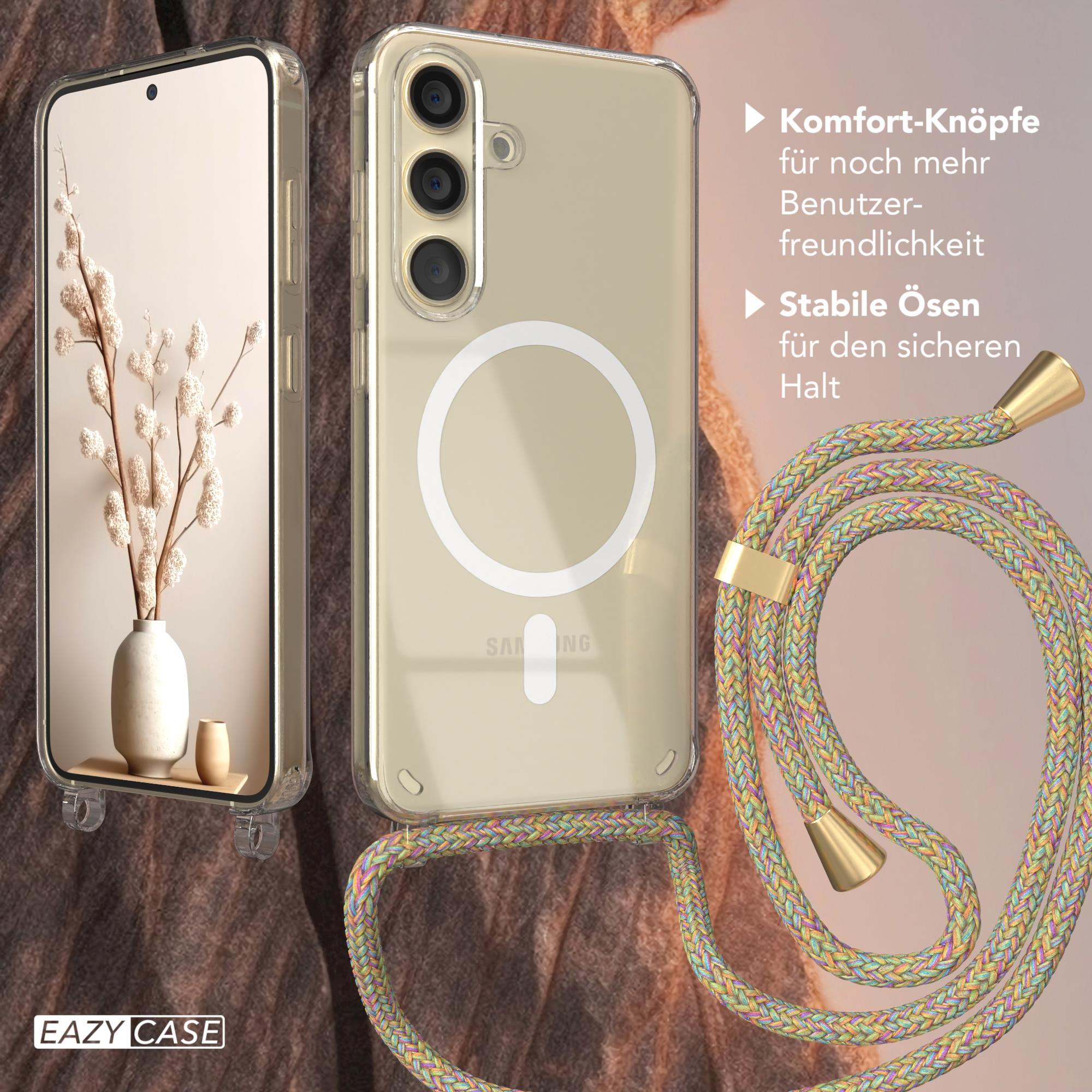 Eine Handyhülle mit Trageriemen wird neben einem Telefon mit weißem Hintergrund gezeigt. Das Case hat einen Kreis.