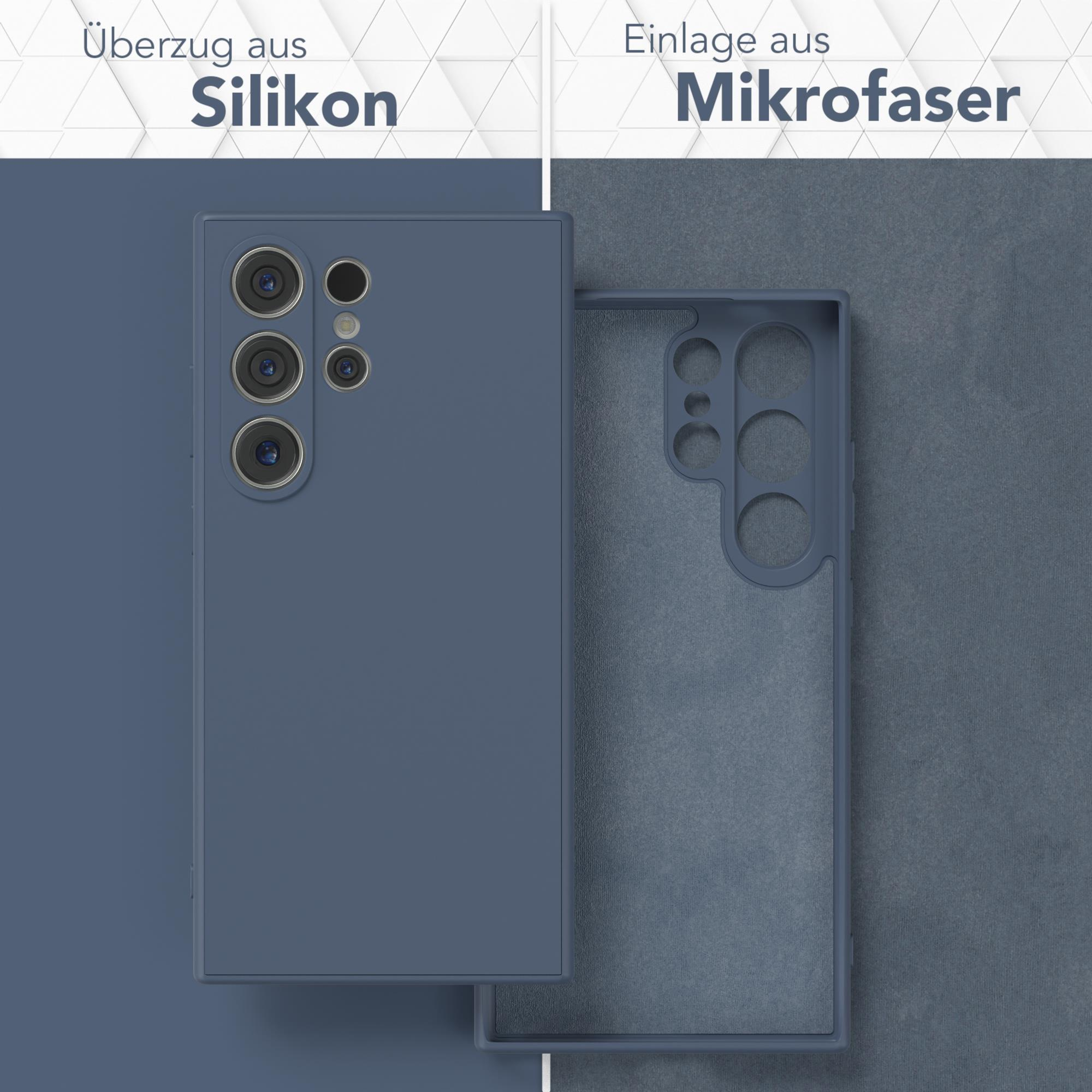 Handyhülle mit Silikonhülle und Mikrofaser innen. Blauer Hintergrund.