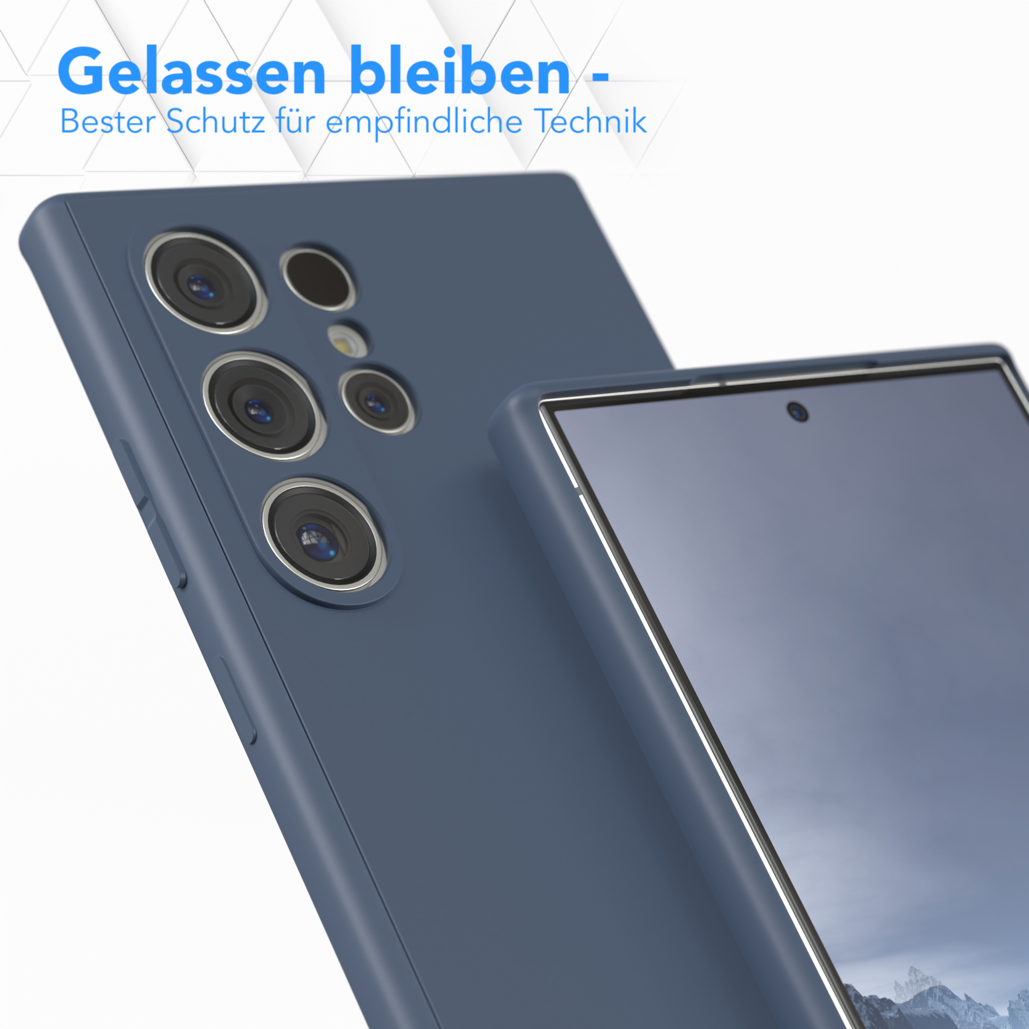 Handyhülle mit drei Kameras. Das Telefon ist blau.