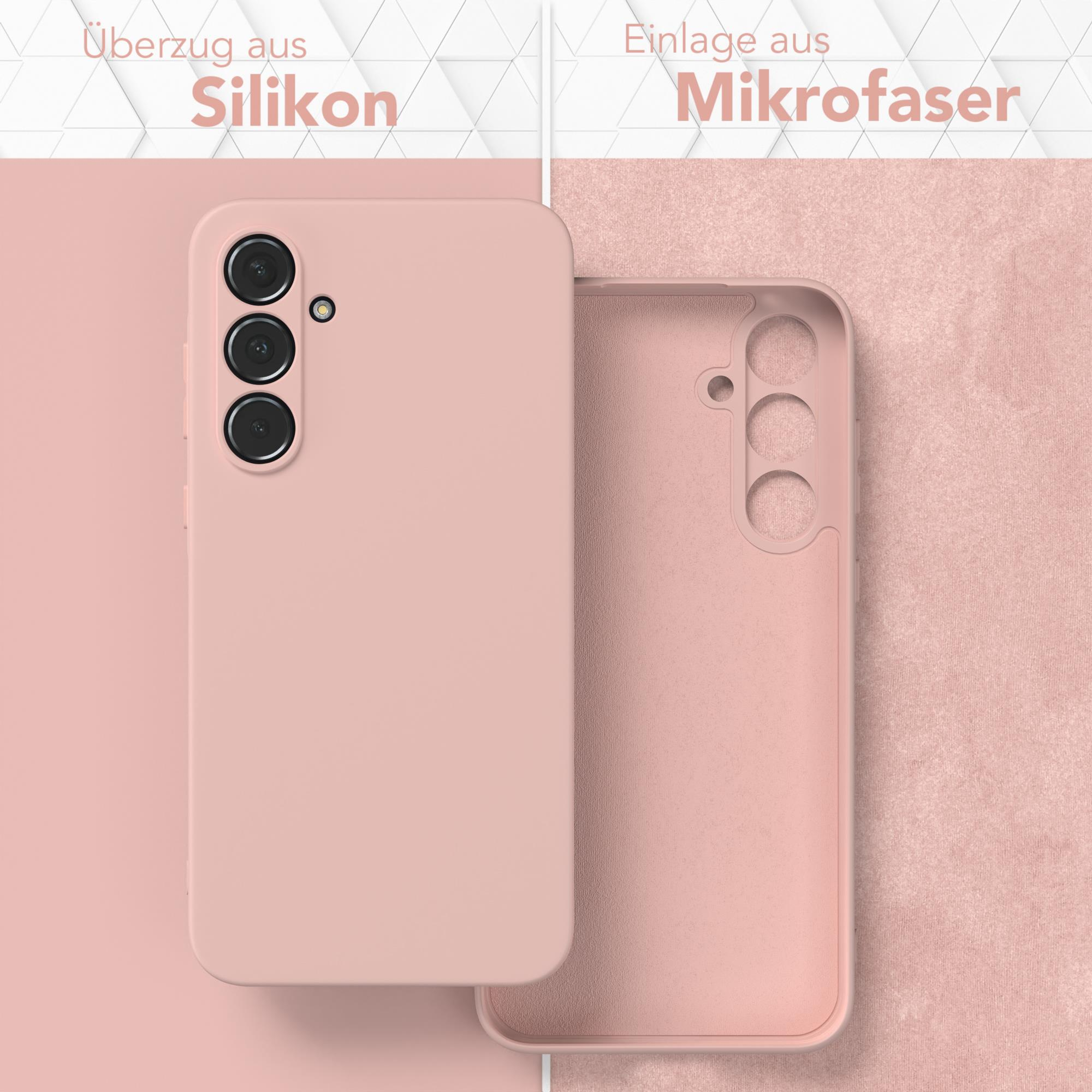 Rosa Handyhülle. Innen ist ein rosa Mikrofaser. Text weist auf Silikon außen und Mikrofaser innen hin.