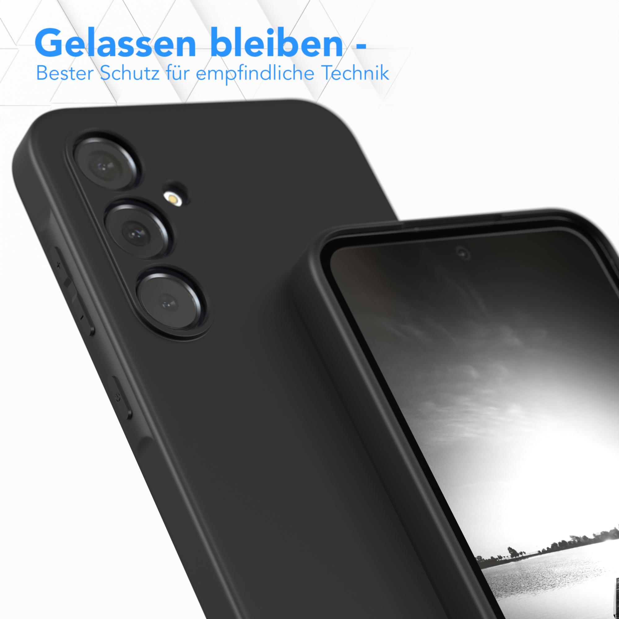 Schwarze Handyhülle, die einen Telefonbildschirm schützt, mit dem Markennamen: EAZY CASE.