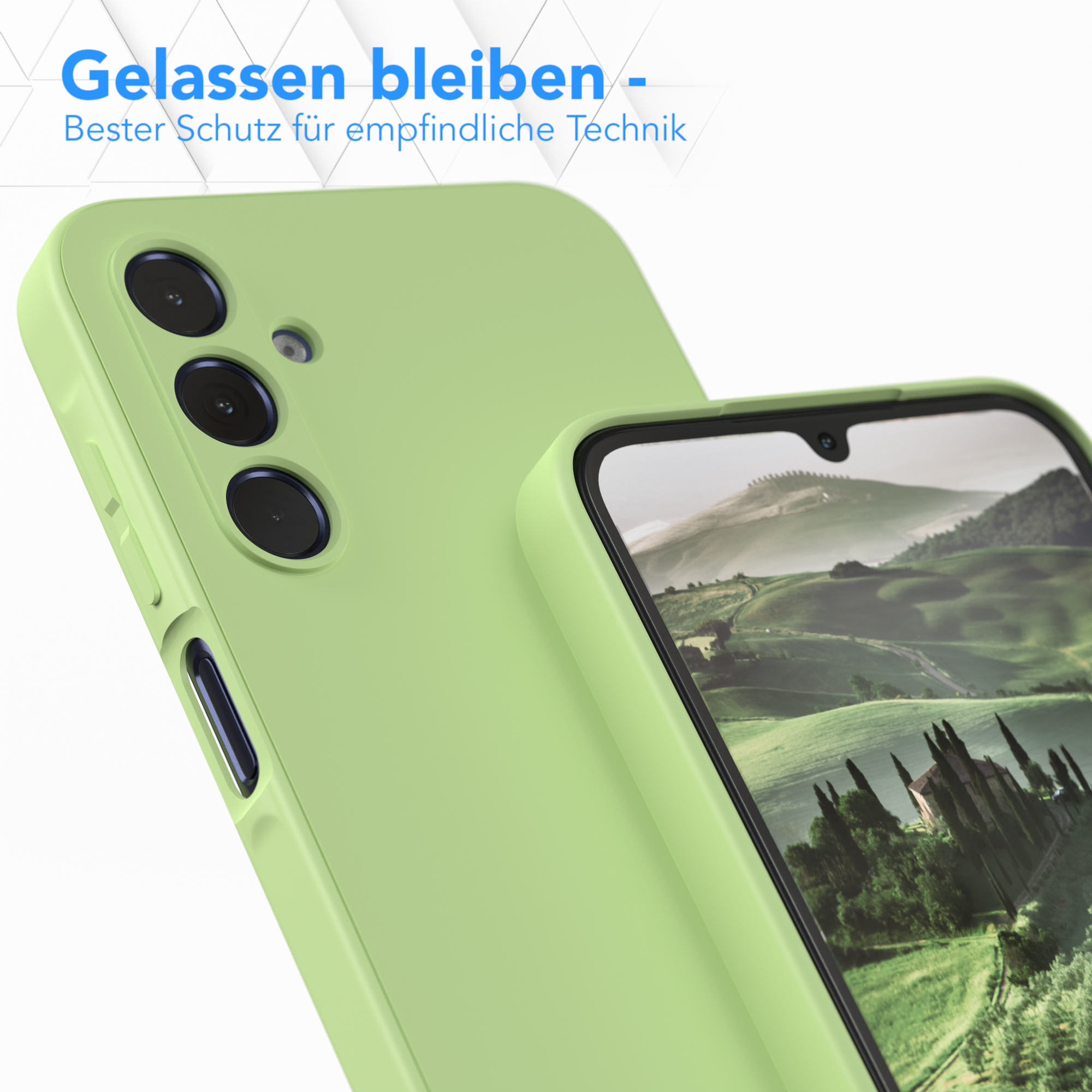 Grüne Handyhülle mit sichtbarem Bildschirm, Nahaufnahme, Text oben, mit unscharfem Hintergrund.