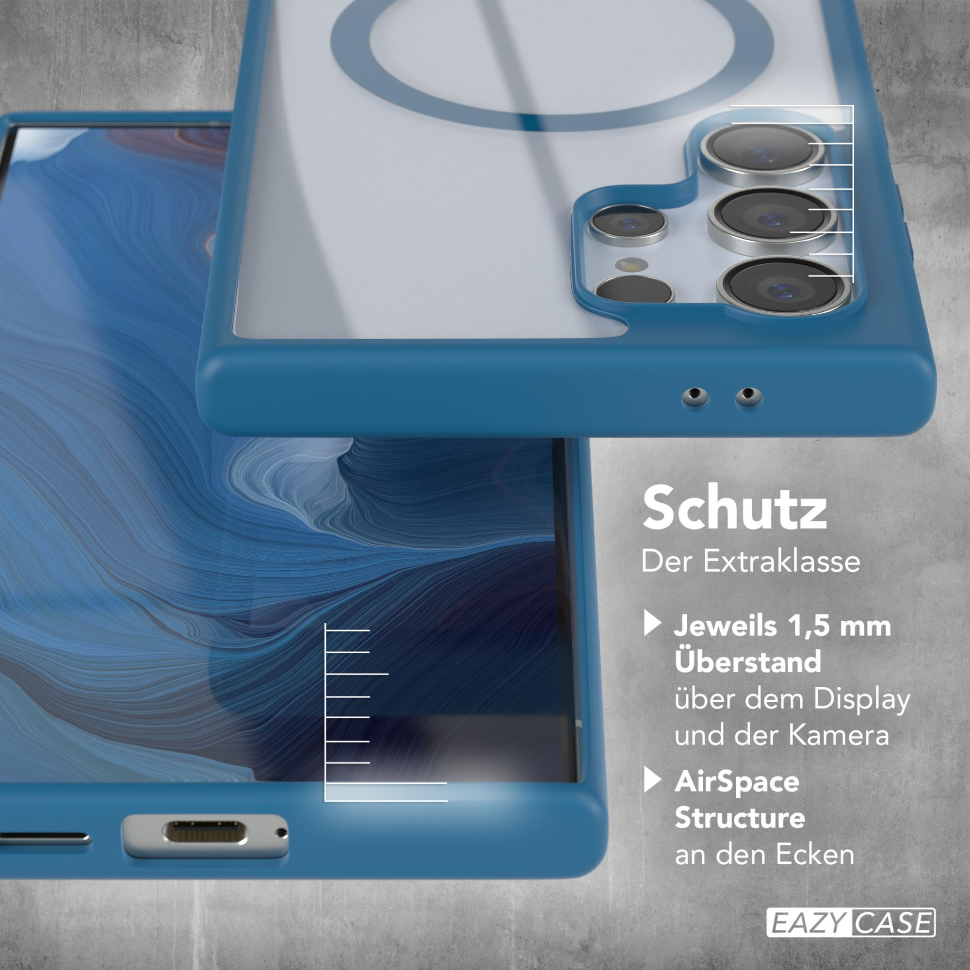 Eine Handyhülle mit blauem Rahmen und blauem Kreis. Das Telefon befindet sich in der Hülle.