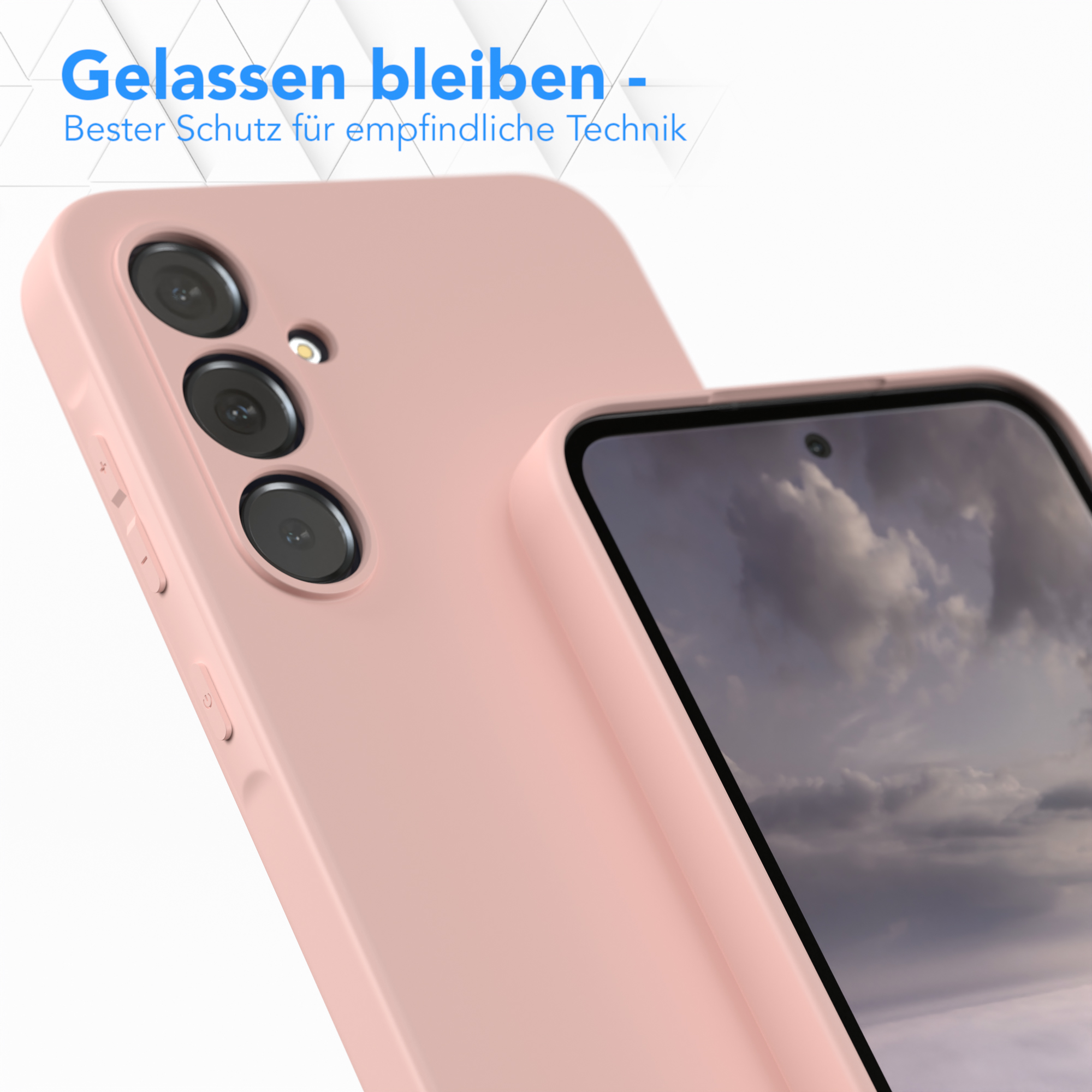 Eine pinke Handyhülle neben einem Telefon, mit Text oben auf Deutsch.
