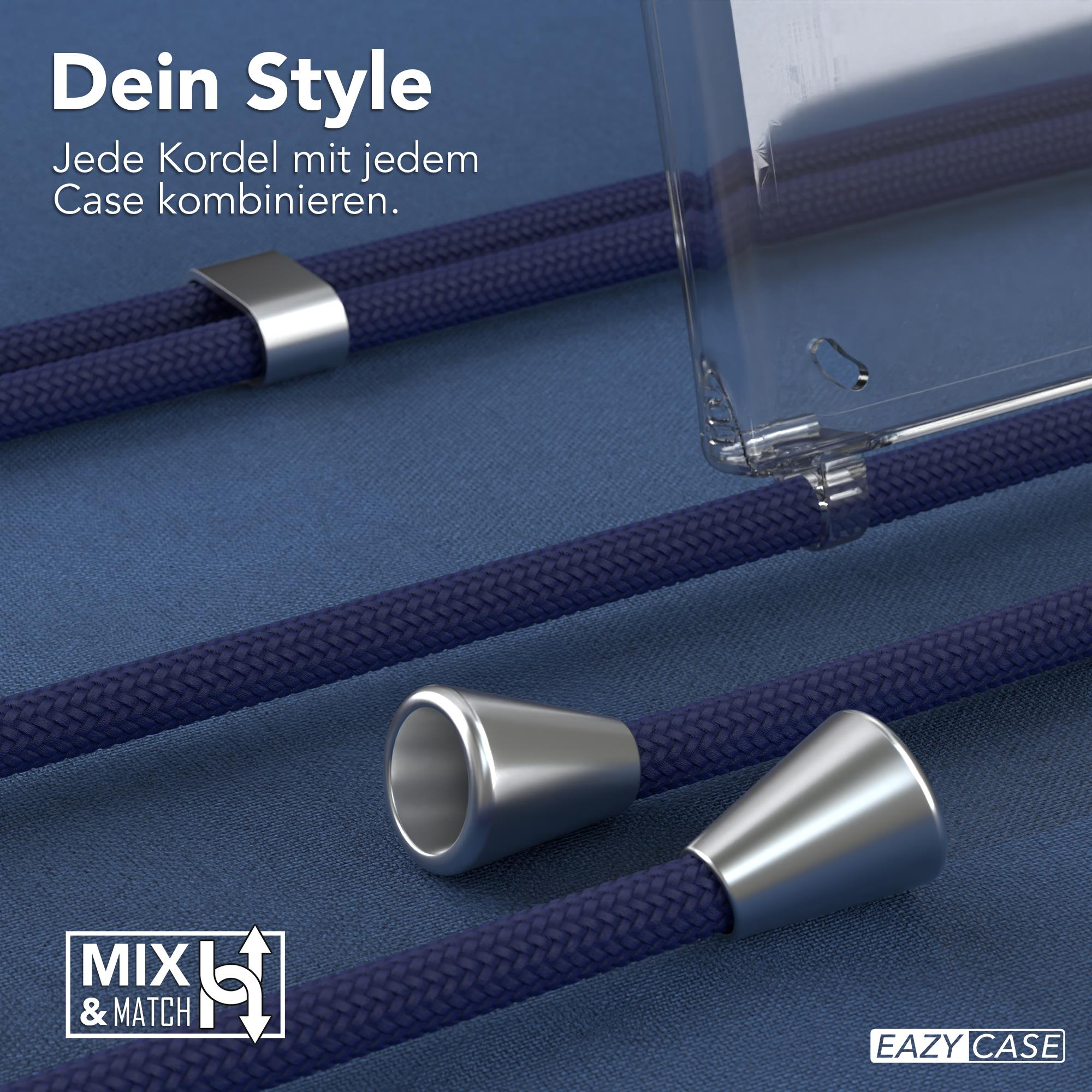 Nahaufnahme eines blauen Seils mit Metallverschlüssen und einer durchsichtigen Handyhülle.