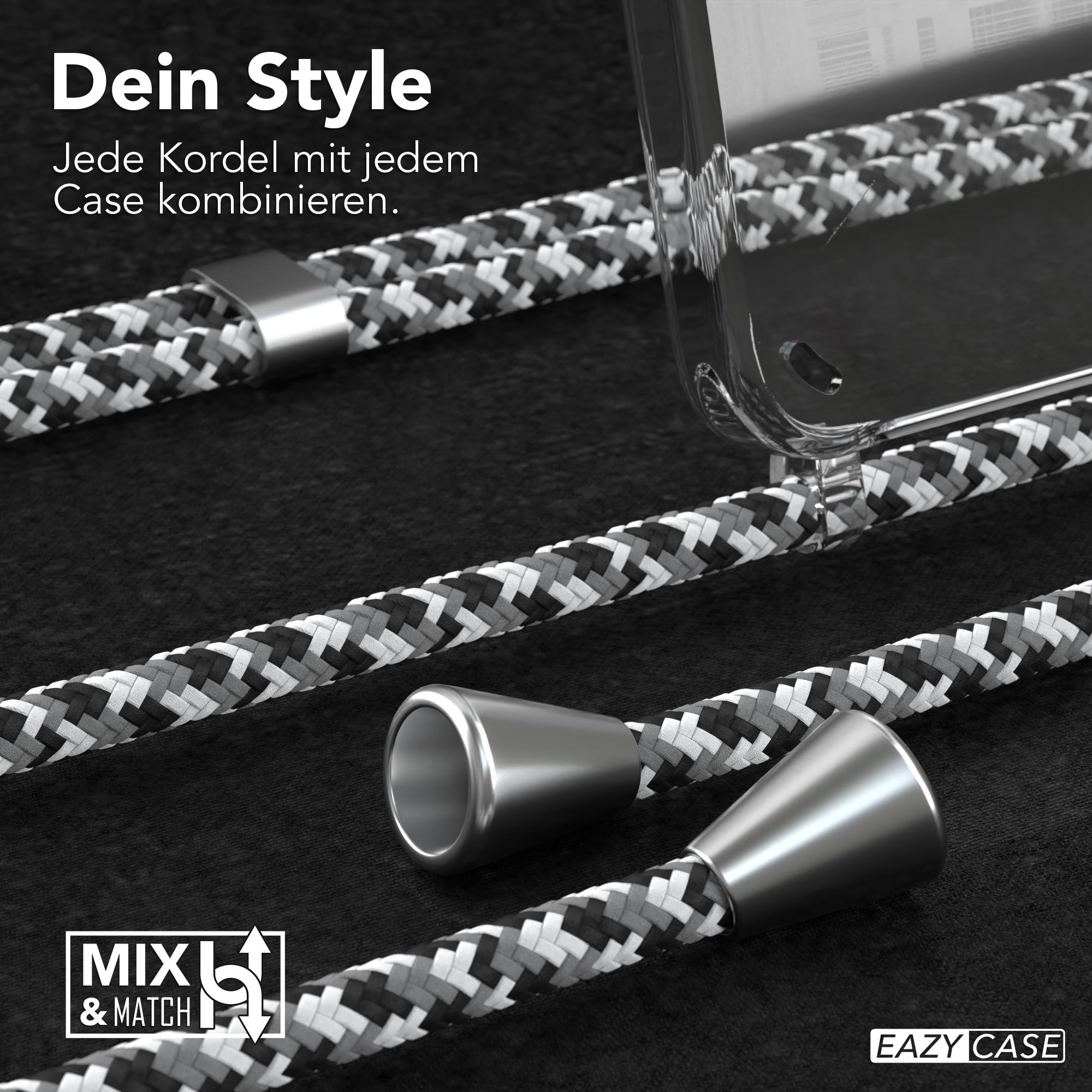 Nahaufnahme von schwarz-weißen Kordeln mit silbernen Akzenten für eine Handyhülle. Text: MIX & MATCH und EAZY CASE.
