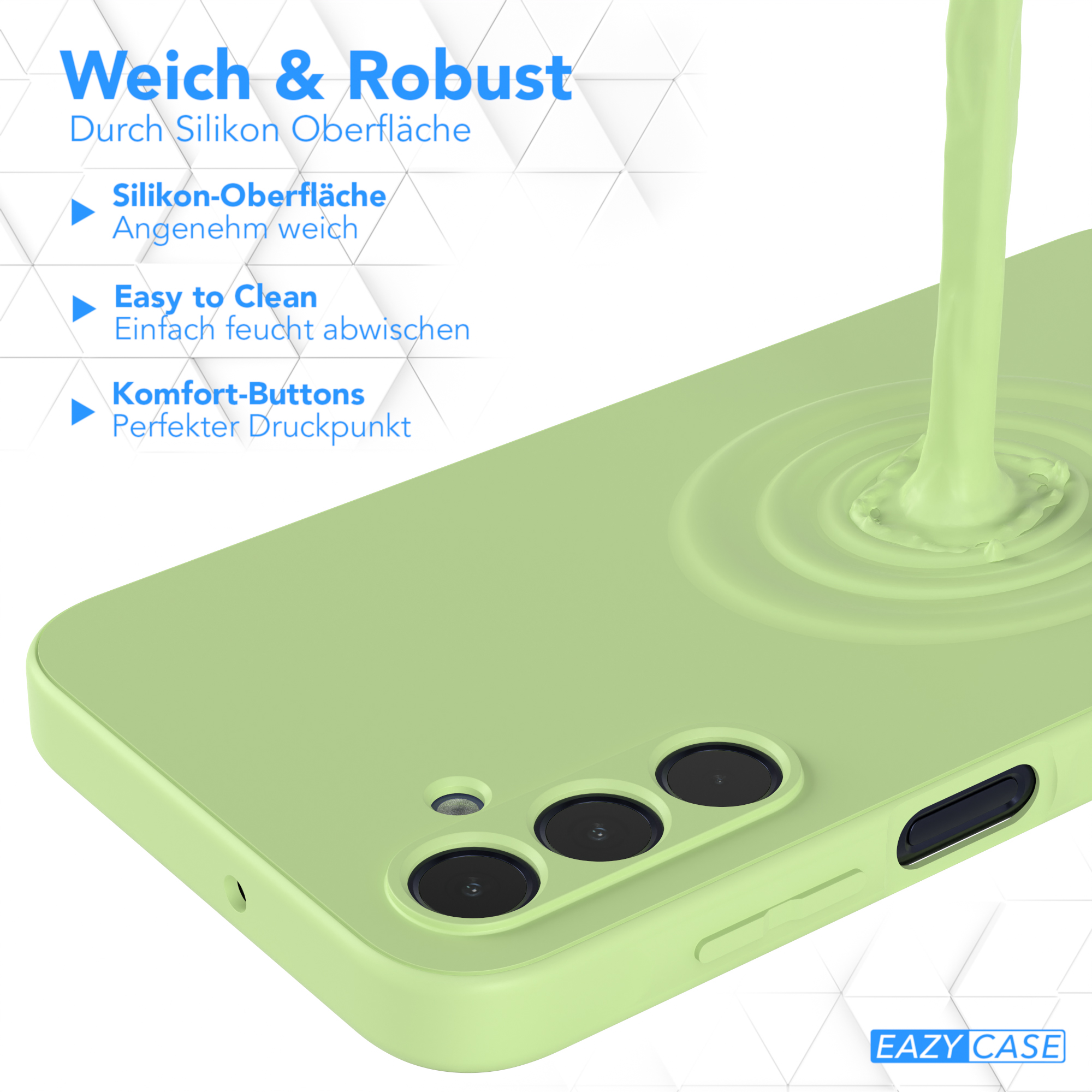 Grüne Handyhülle mit Flüssigkeit und dem Text 'Weich & Robust'.