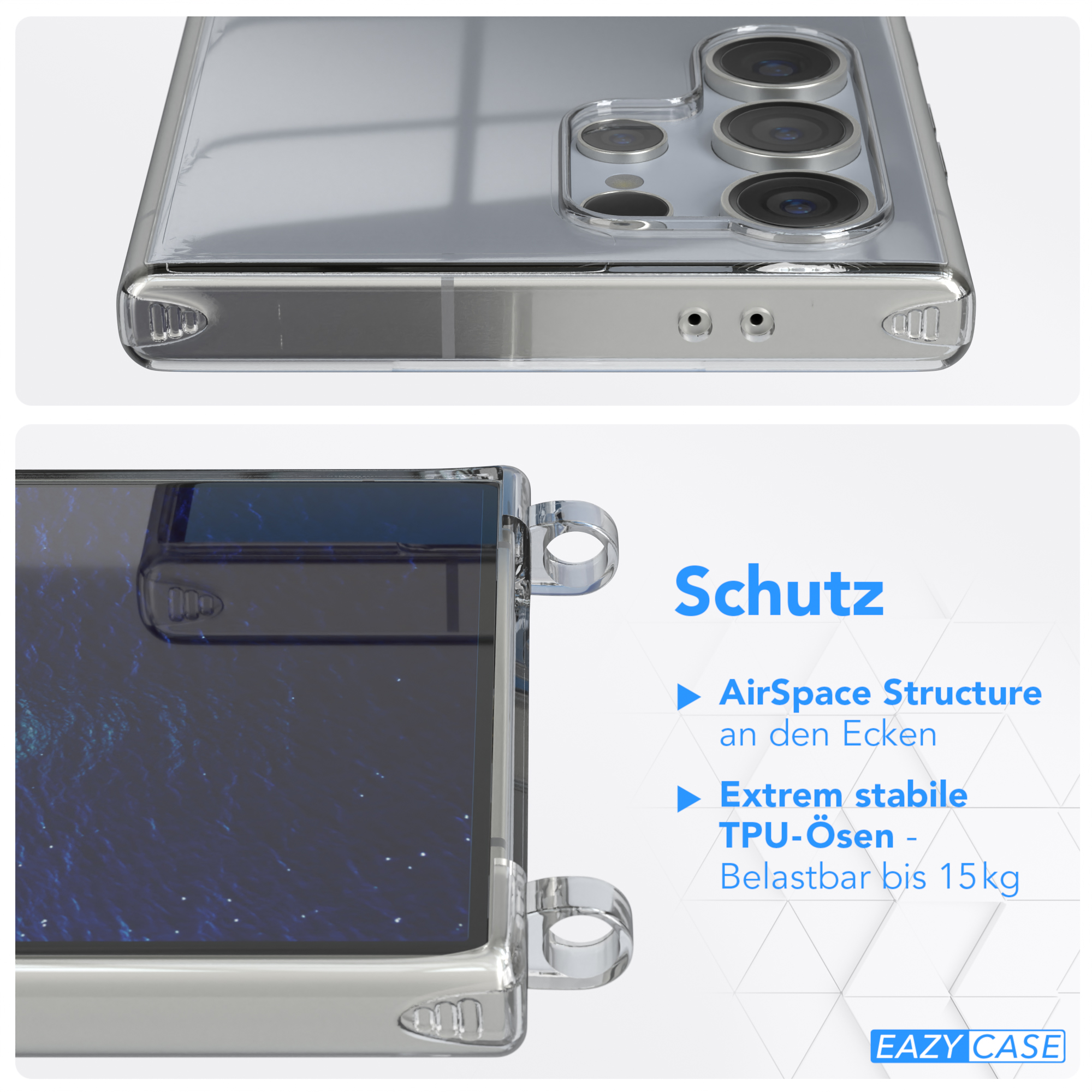 Eine transparente Handyhülle, die die Rückseite des Telefons und einen Teil des Bildschirms mit Text zeigt.