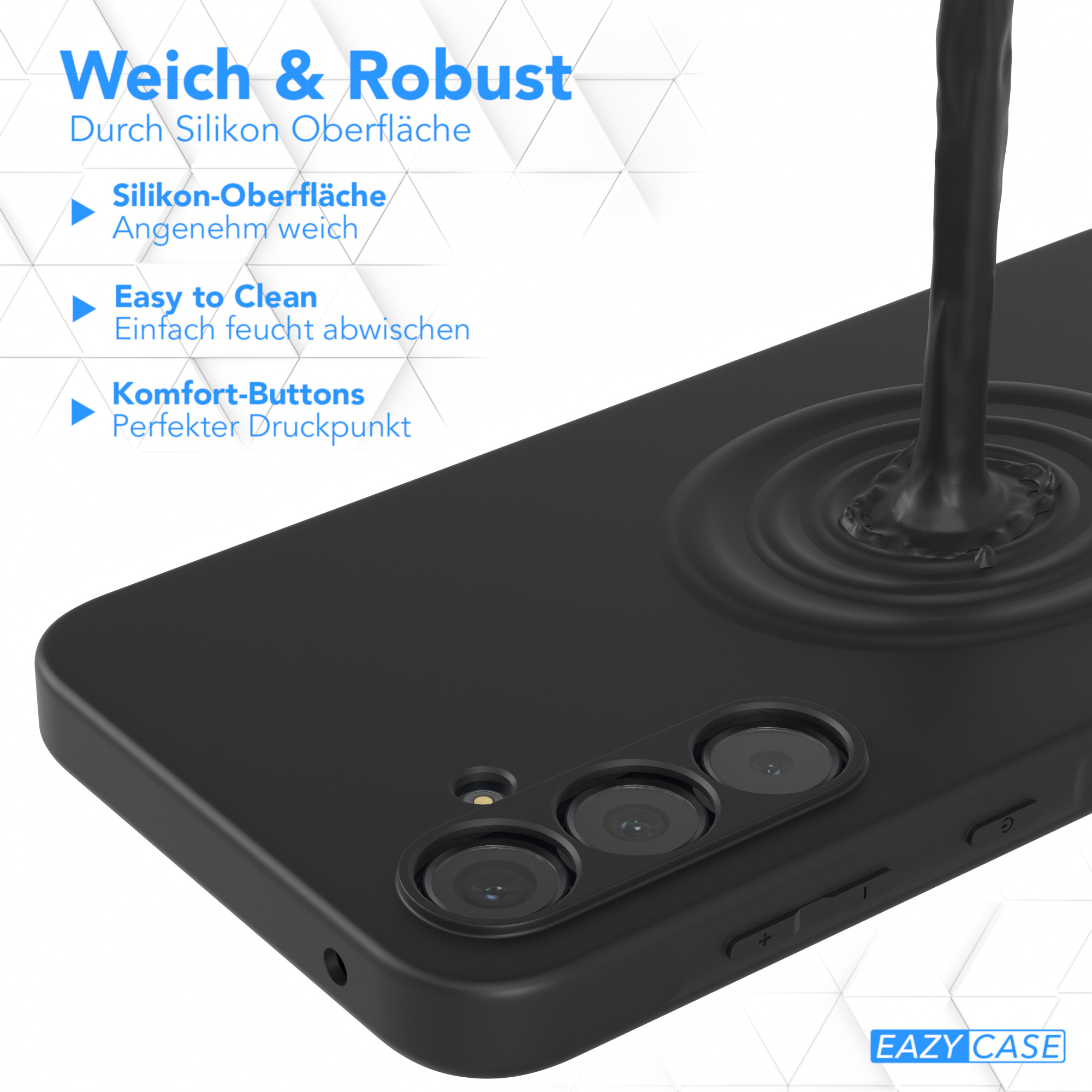 Schwarze Handyhülle mit Wasserspritzeffekt. Der Text lautet 'Weich & Robust' und Merkmale der Hülle.