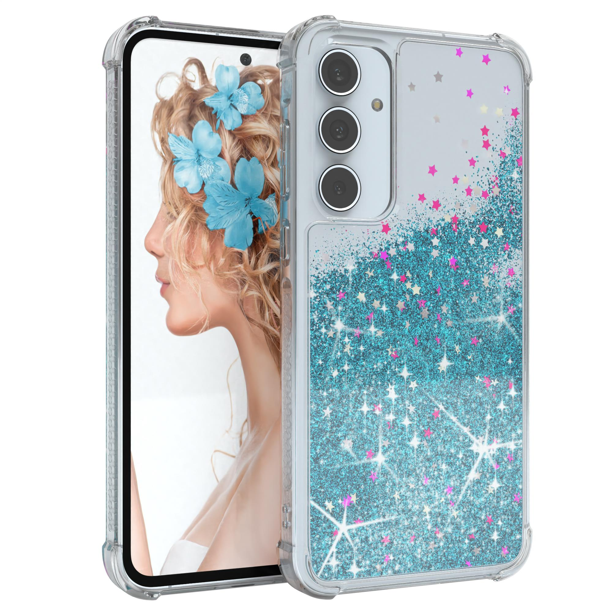 Telefon in einer Hülle mit Glitzer. Der Glitzer ist blau und pink mit kleinen Sternen.