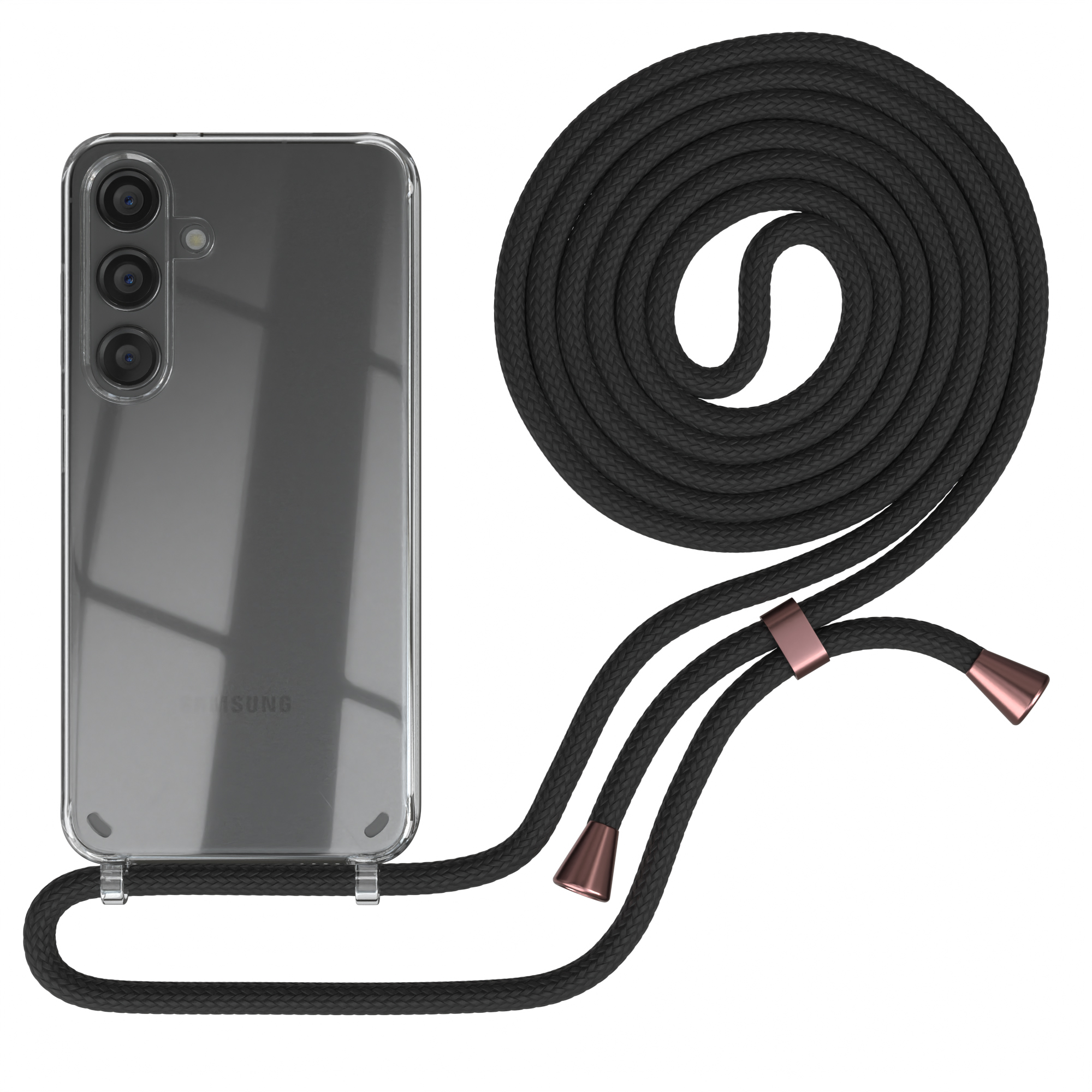 Schwarze Handyhülle mit schwarzem Kabel und Telefon vor weißem Hintergrund.
