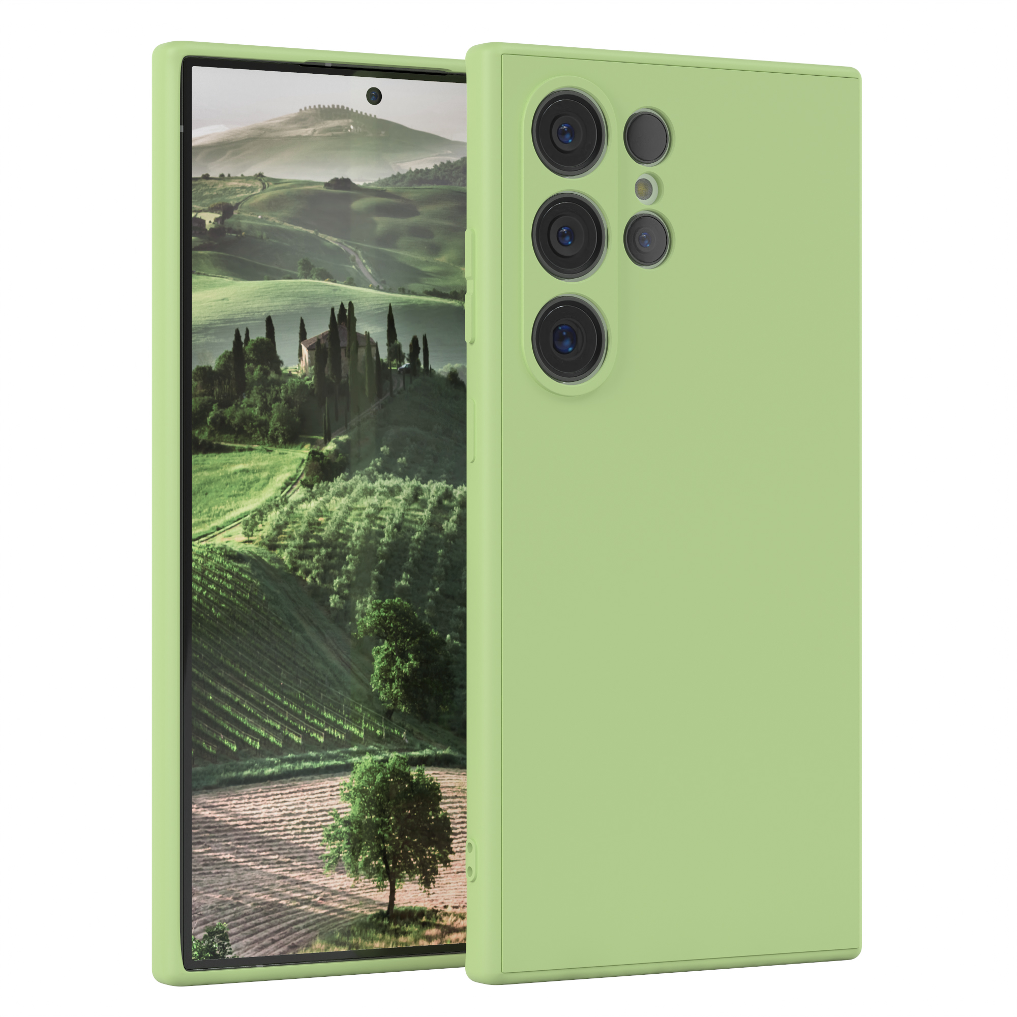 Eine hellgrüne Handyhülle mit einem Telefon, das eine Landschaftsszene von Bäumen und einem Gebäude zeigt.