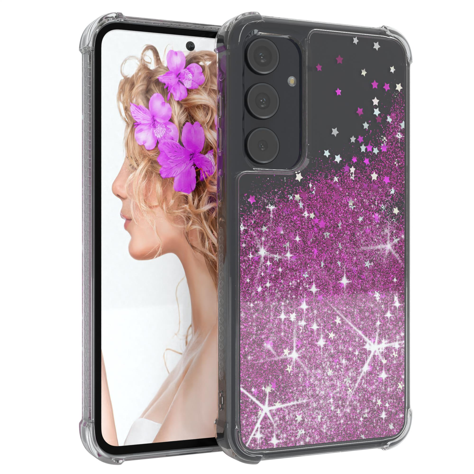 Eine Handyhülle mit dem Gesicht einer Frau und einem rosafarbenen Glitzerhintergrund.