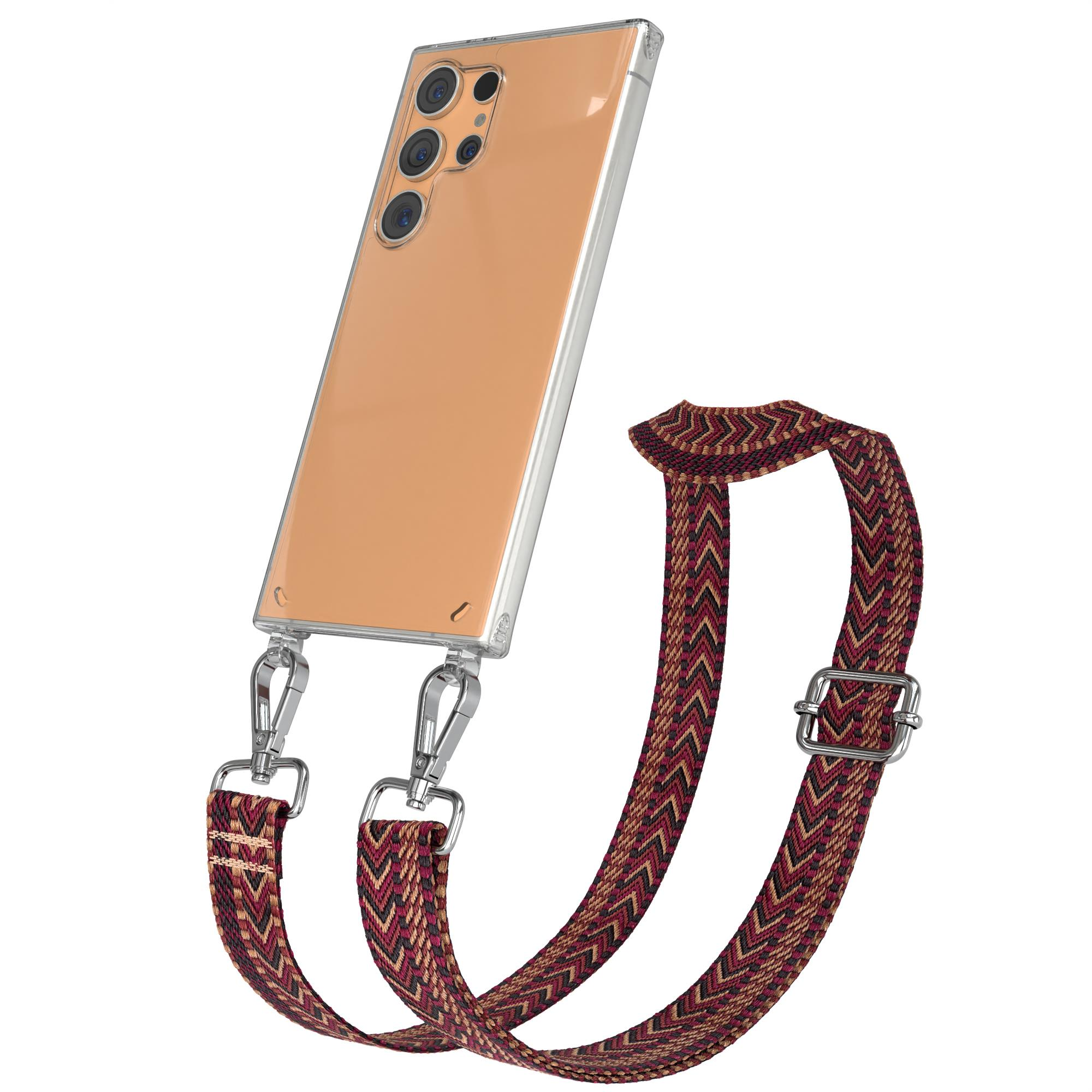 Transparente Handyhülle mit einem bunten Band. Das Telefon ist transparent und das Band ist farbenfroh. Weißer Hintergrund.