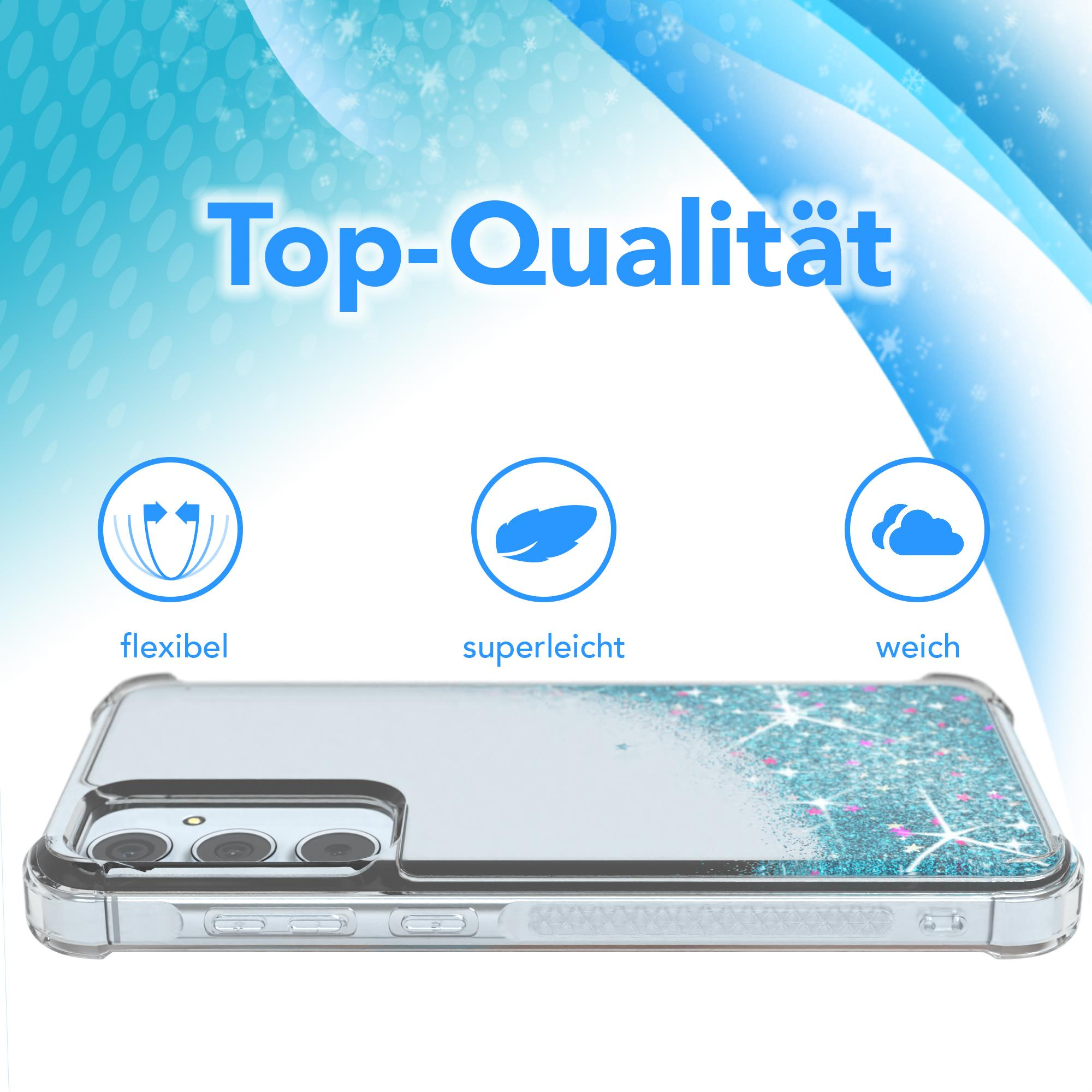 Transparente Handyhülle mit Glitzer und blau-grünem Design. Die Hülle hat drei Kreise.