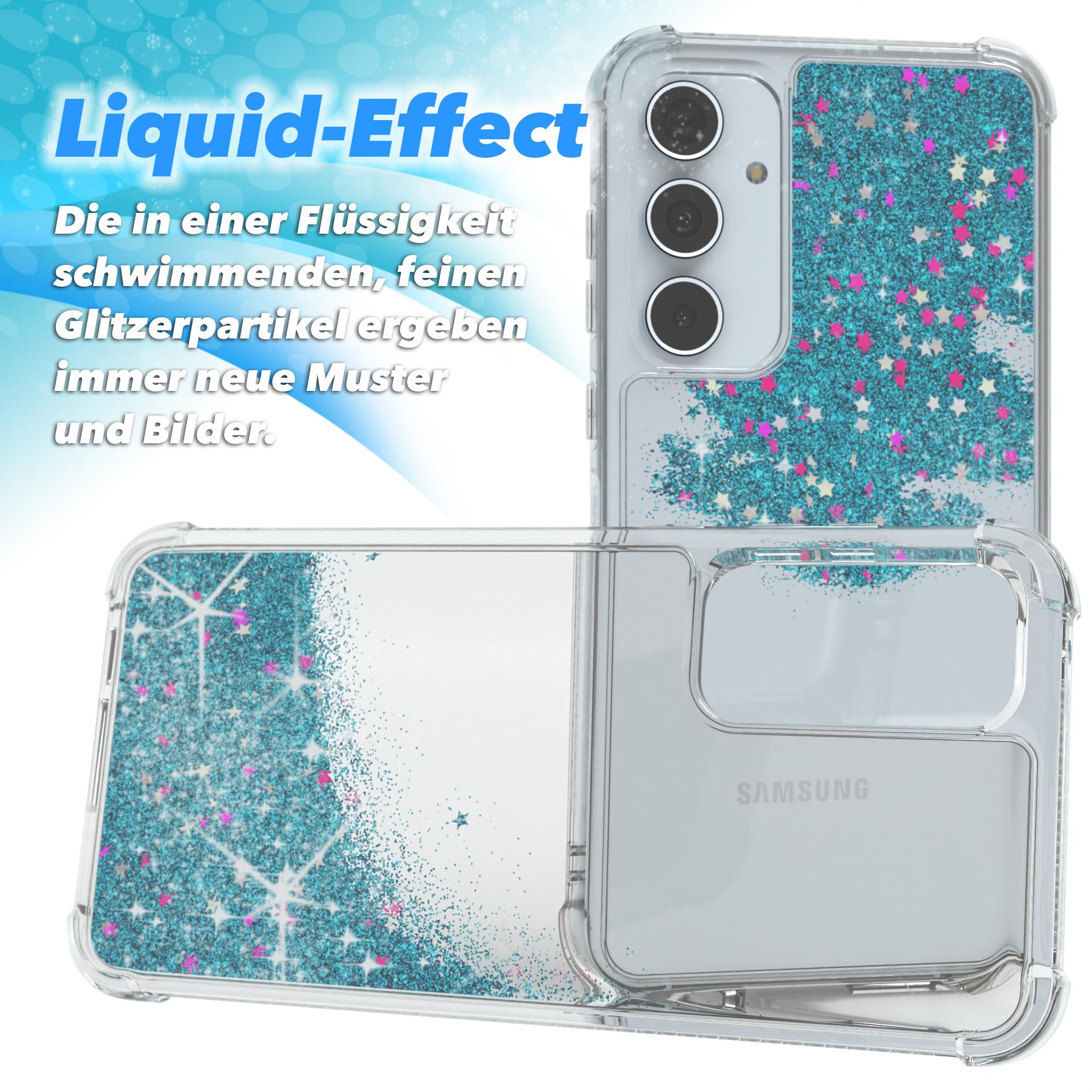 Transparente Handyhülle mit blauem Glitzer und Sternen. Die Handyhülle wird mit einem Telefon gezeigt.