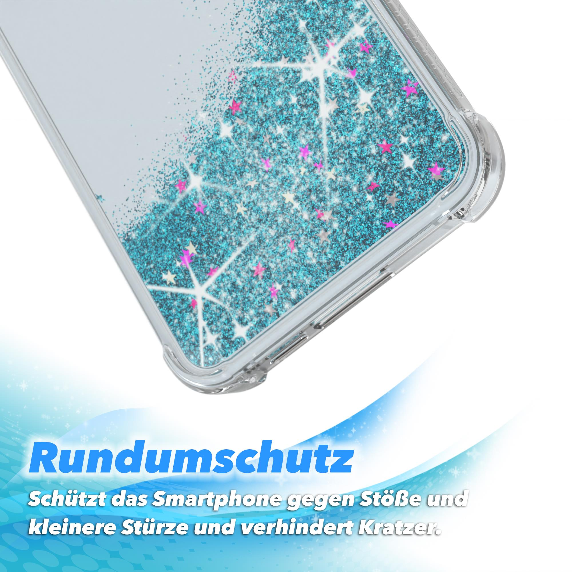 Nahaufnahme einer Handyhülle mit blauem Glitzer und Sternen, mit transparentem Cover.