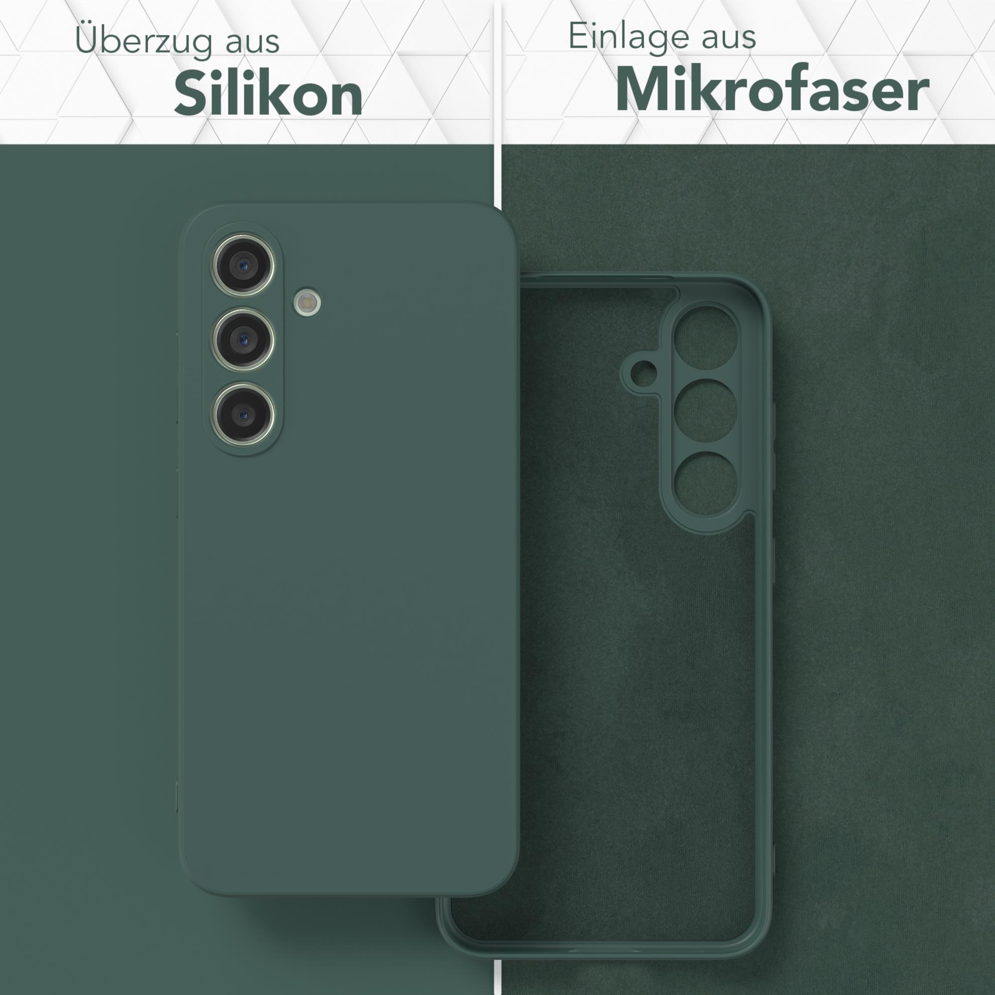 Grüne Handyhülle, links, und das Innenfutter aus Mikrofaser, rechts. Text auf Deutsch.