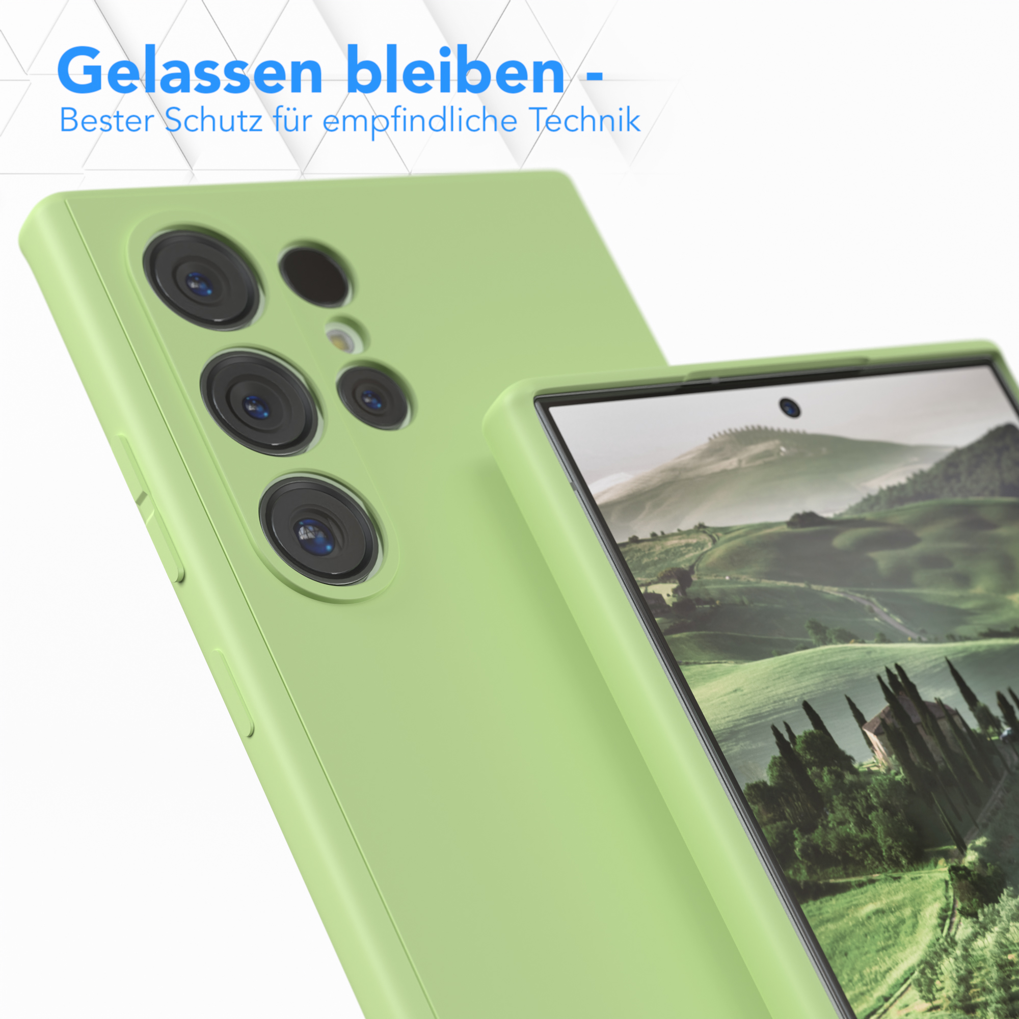 Nahaufnahme einer grünen Handyhülle und eines Telefons. Die Handyhülle bedeckt das Telefon.