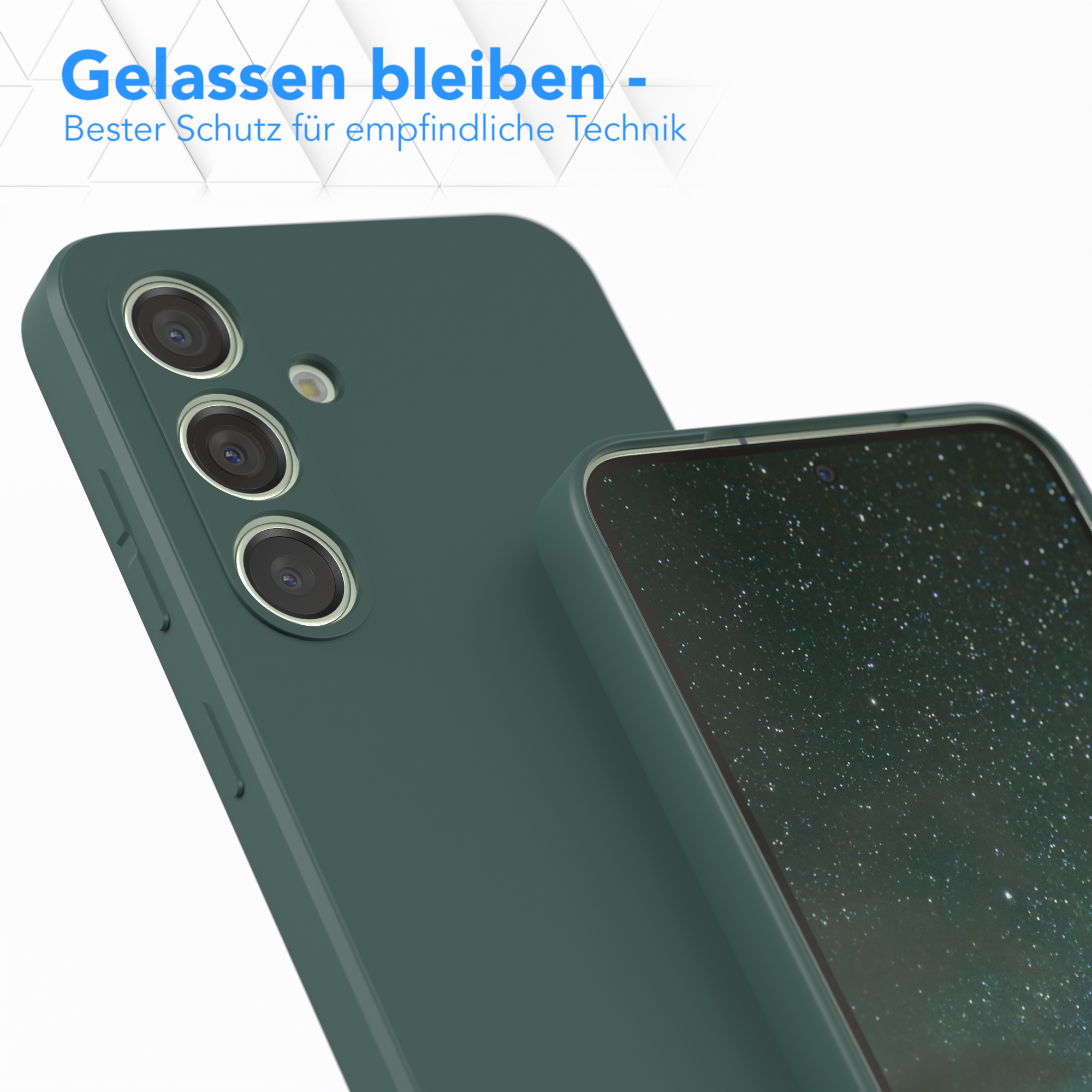 Grüne Handyhülle auf einem dunklen Telefon. Text: 'Ruhig bleiben - bester Schutz'.