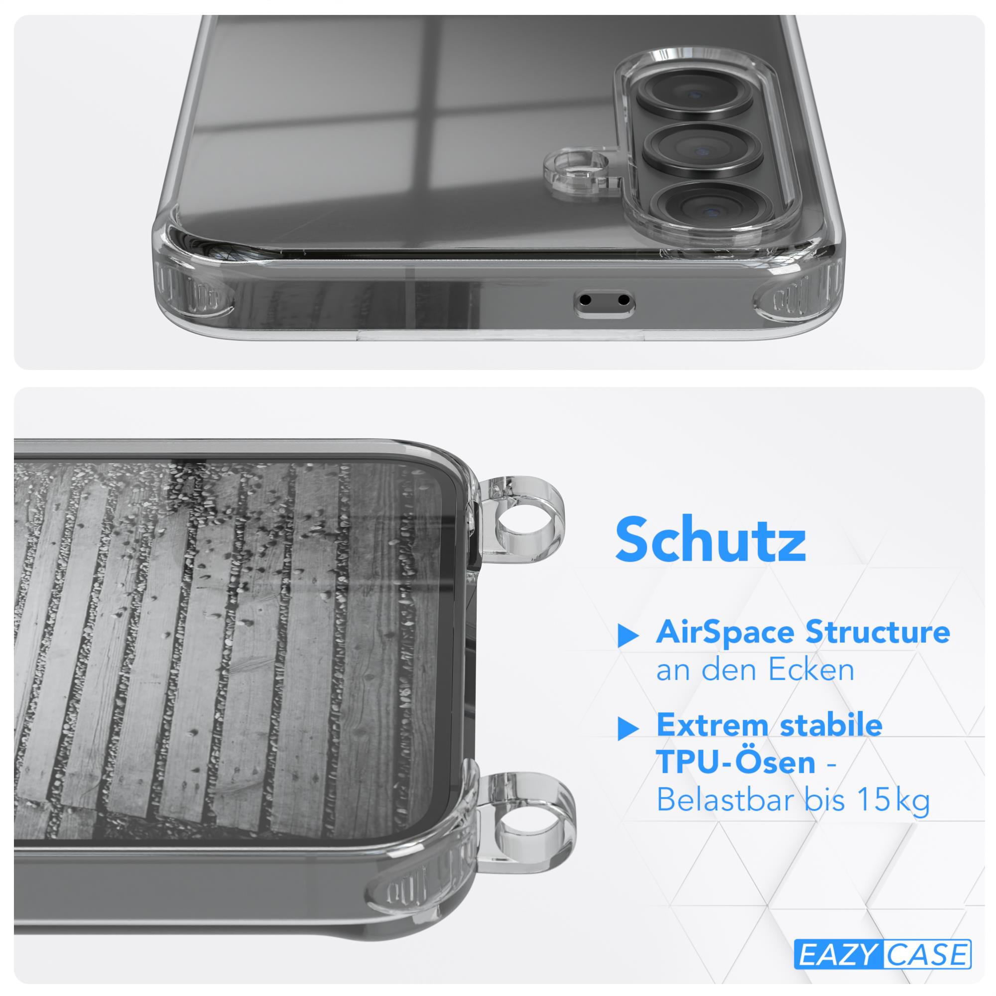 Eine transparente Handyhülle mit einem Telefon darin. Die Hülle hat einen Ring an der Seite.