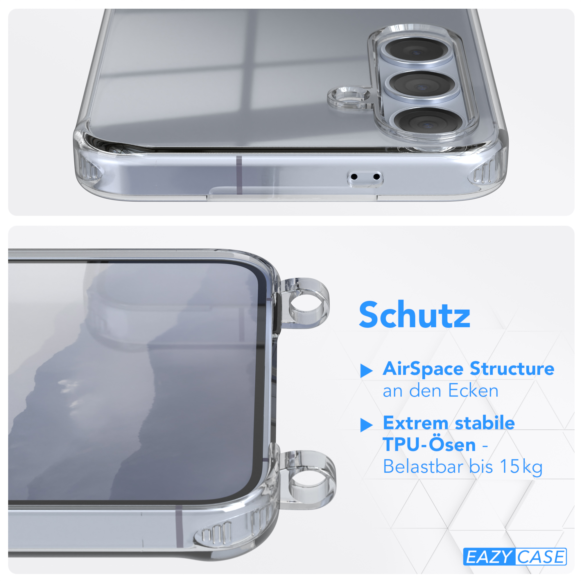 Nahaufnahme einer Handyhülle und eines Telefons. Die Hülle ist transparent, das Telefon ist sichtbar. Weißer Hintergrund.