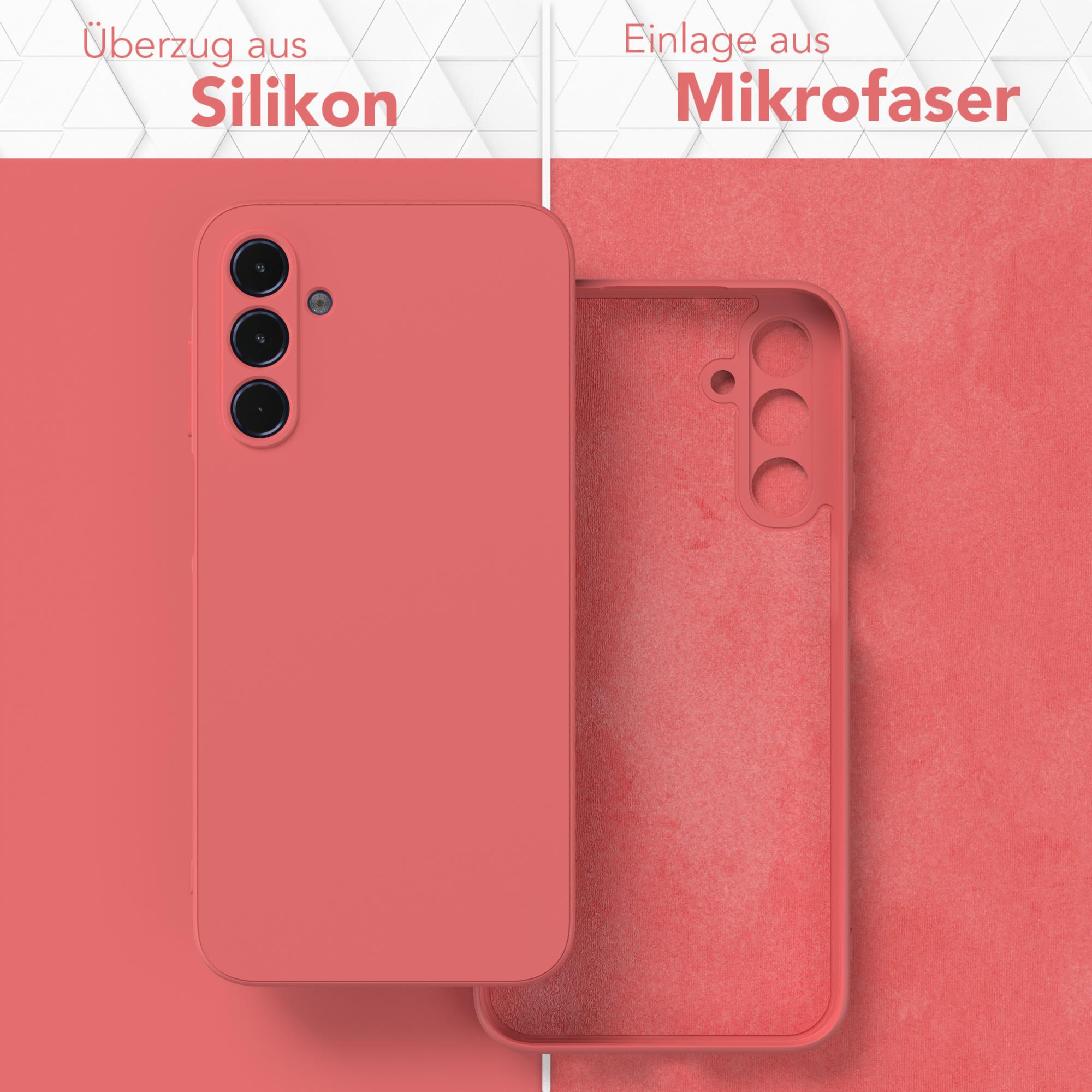 Zwei Handyhüllen: eine korallfarbene Silikonhülle, die andere korallfarbene Mikrofaser. Text: Silikonhülle. Mikrofaser.