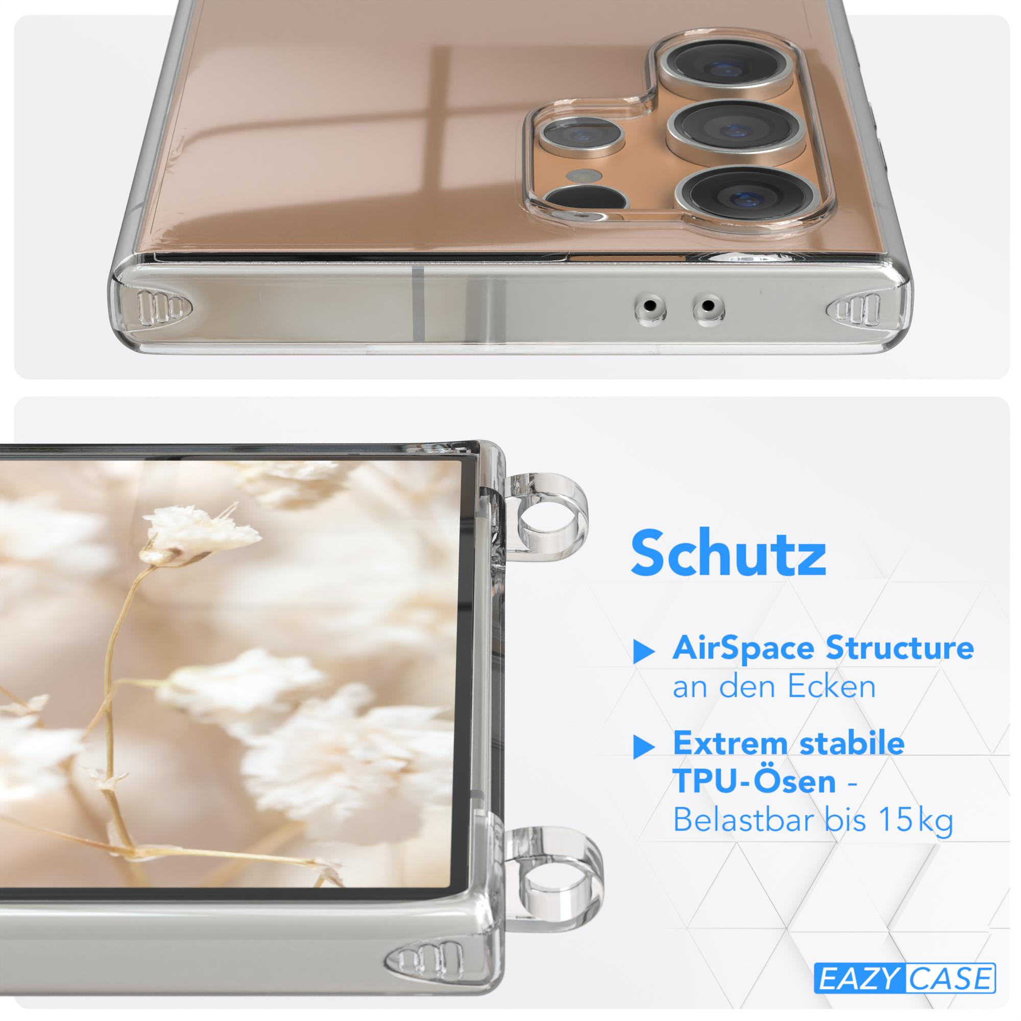 Eine Handyhülle mit einem Telefon darin, das die Schutzstruktur und die Funktionen zeigt.