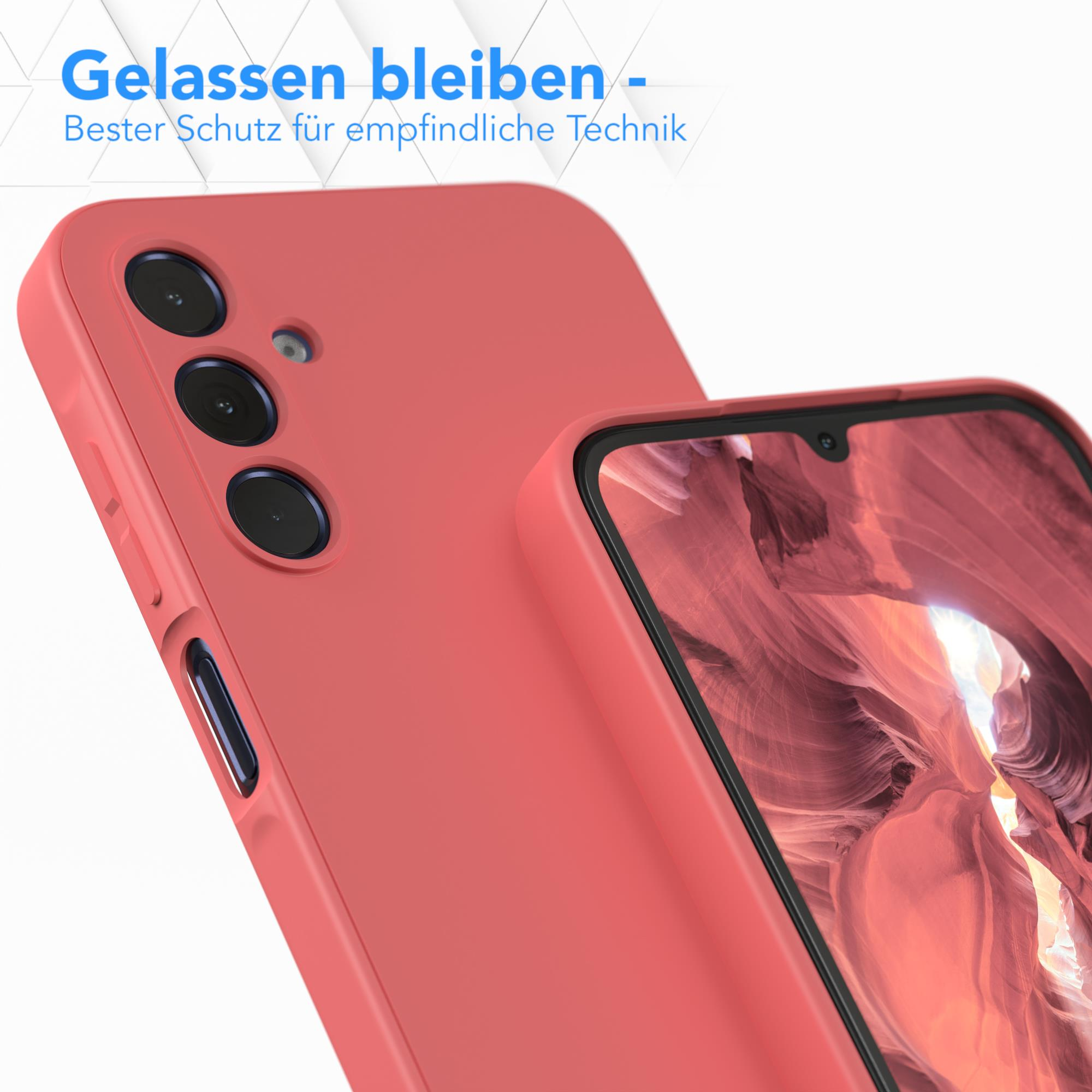 Korallenfarbene Handyhülle. Text: Gelassen bleiben-Bester Schutz für empfindliche Technik.