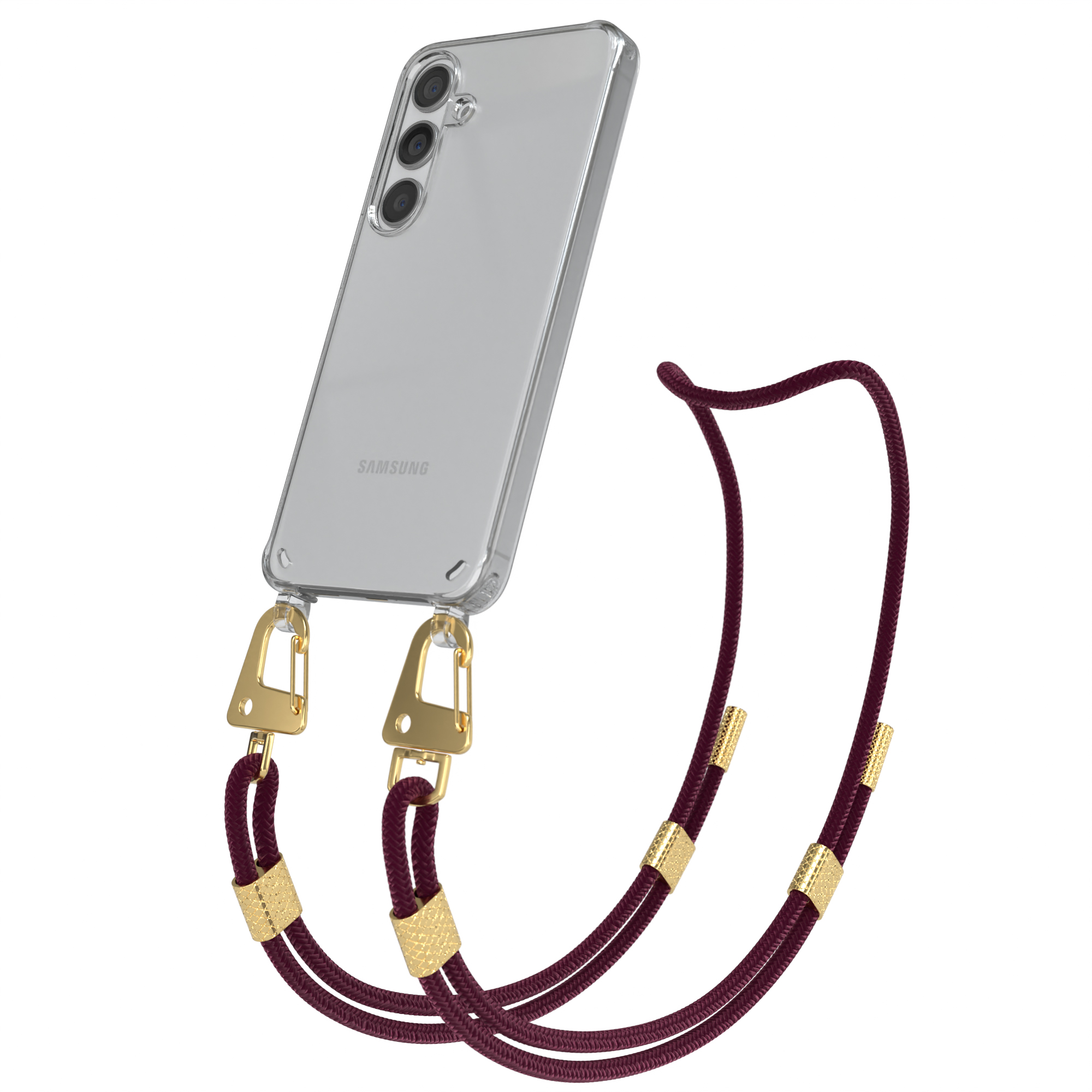 Transparente Handyhülle mit Lanyard. Burgunderfarbenes Band mit goldenen Akzenten. Weißer Hintergrund.