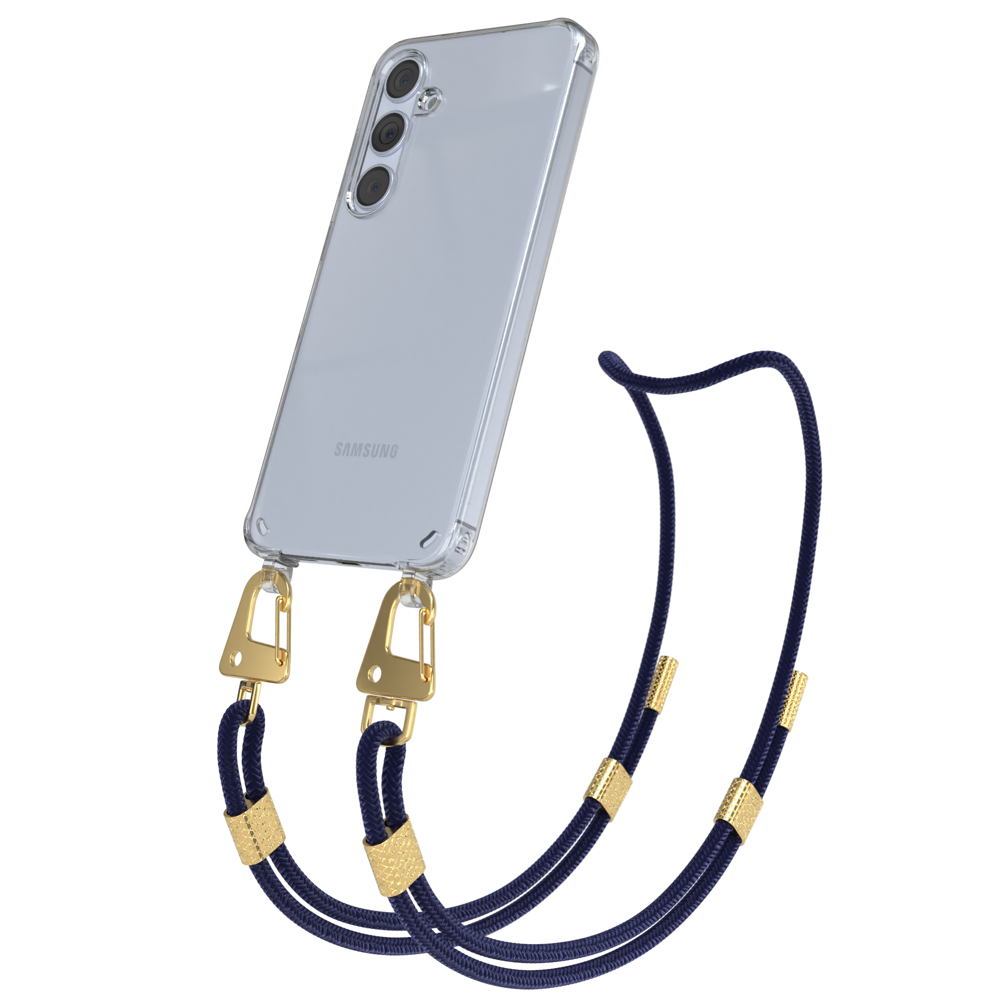 Transparente Handyhülle mit Lanyard. Marineblaues Band mit goldenen Akzenten. Weißer Hintergrund.