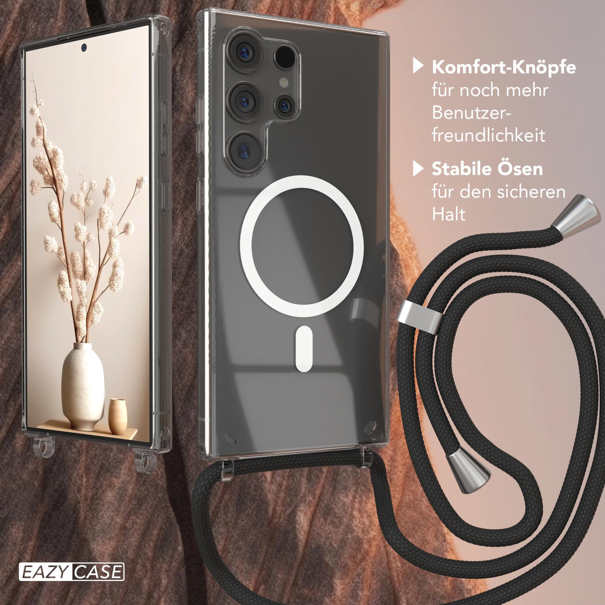 Transparente Handyhülle mit weißer Blume in einer Vase. Schwarze Schnur, weißer Hintergrund.