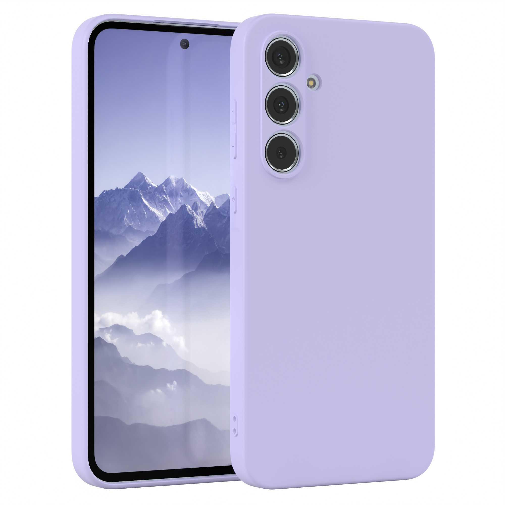 Ein lila Telefon mit drei Rückkameras. Das Telefon befindet sich in einer lila Hülle und auf weißem Hintergrund.