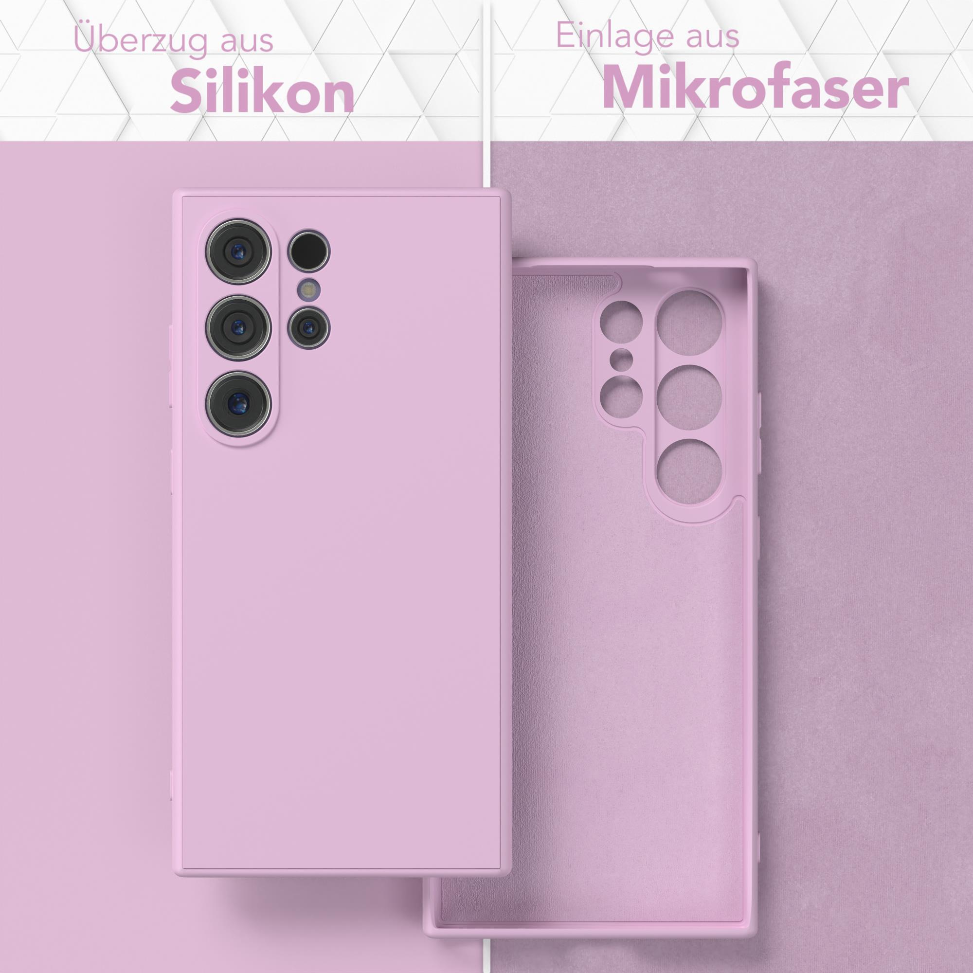 Pinkfarbene Handyhülle mit drei Kameras. Die Hülle ist geöffnet, um das Innere zu zeigen.