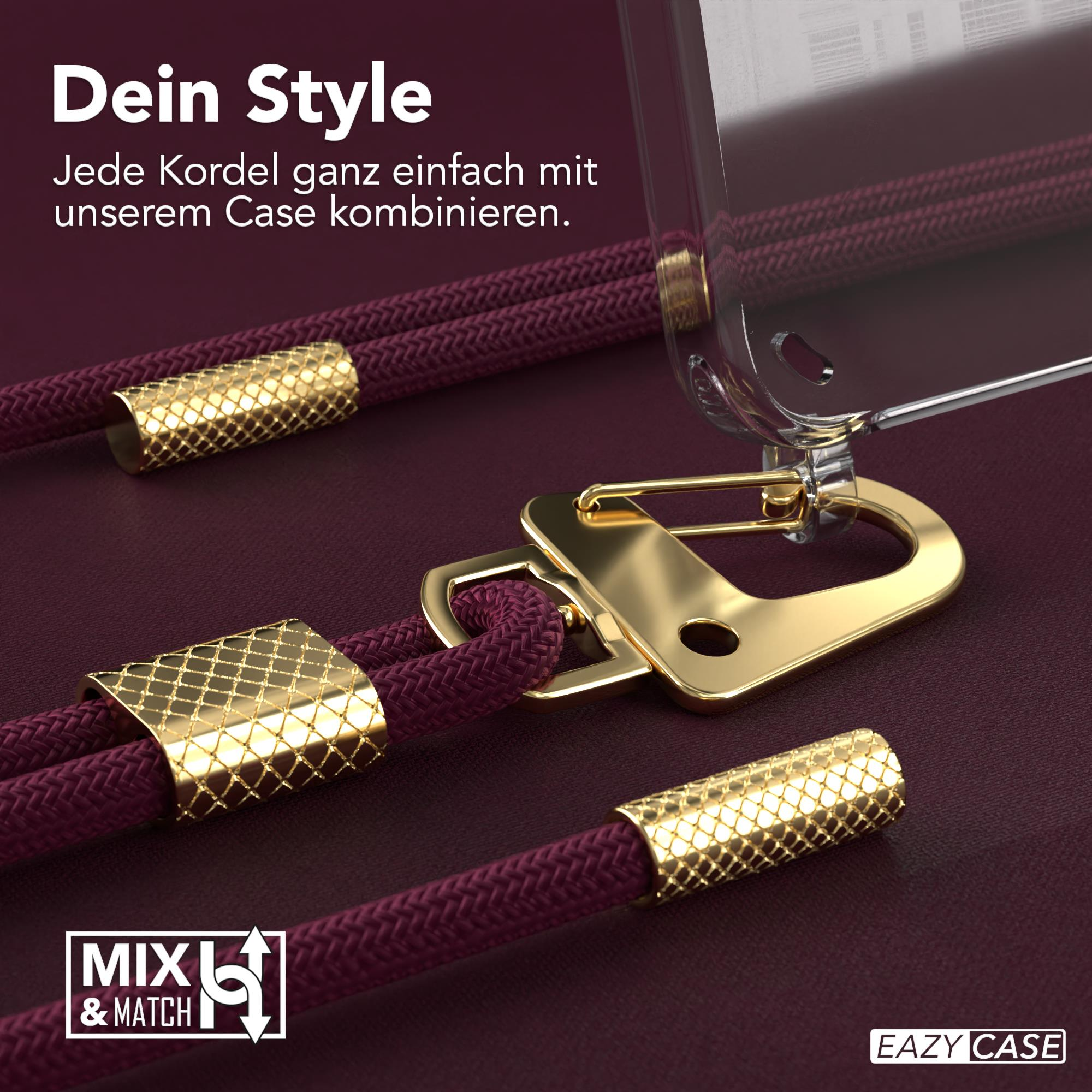 Handyhülle mit Band, goldene Hardware. Hülle ist transparent mit weinrotem Band. Text: Dein Style.