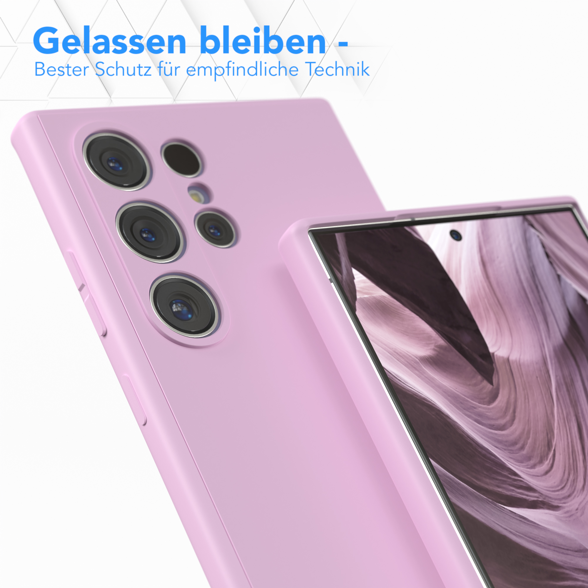 Eine pinkfarbene Handyhülle und ein Telefon werden gezeigt. Das Telefon hat Kameras. Ein Text sagt: Bleib ruhig.