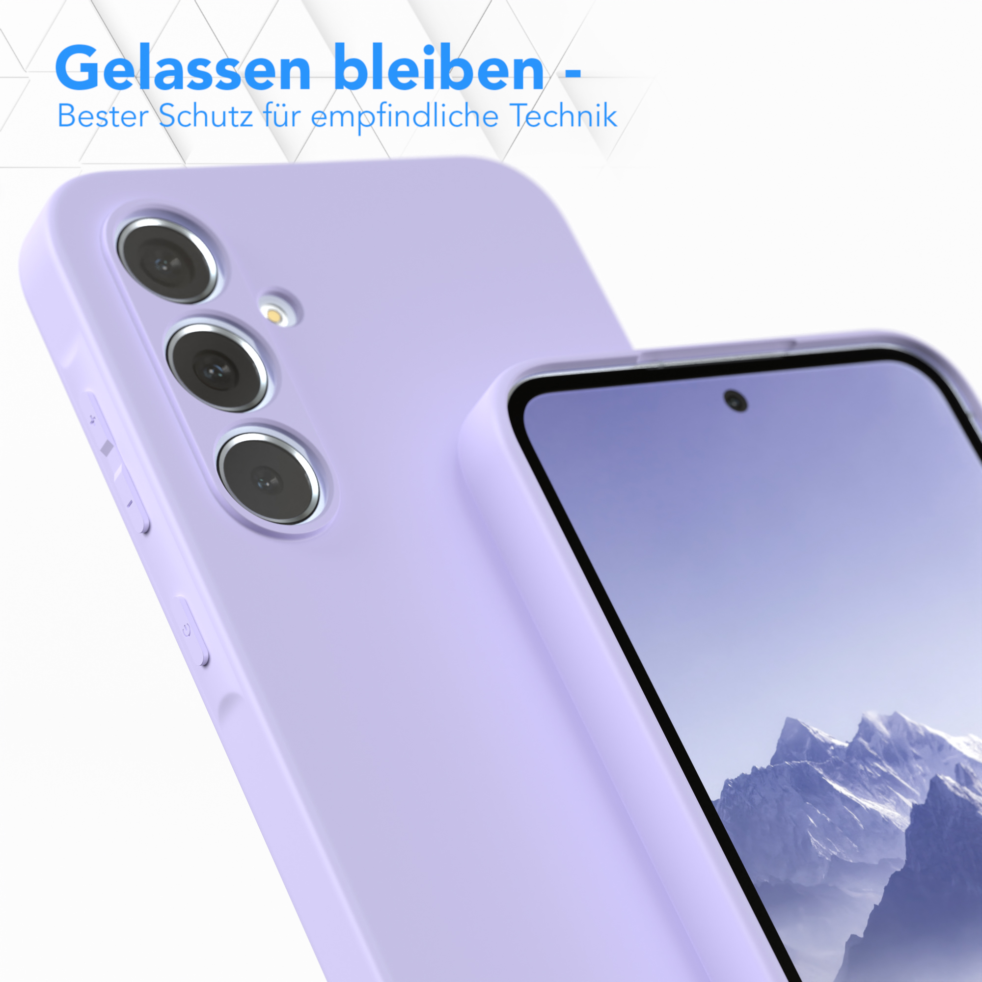 Nahaufnahme einer lilafarbenen Handyhülle. Eine andere Hülle im Hintergrund. Text oben: 'Gelassen bleiben'.