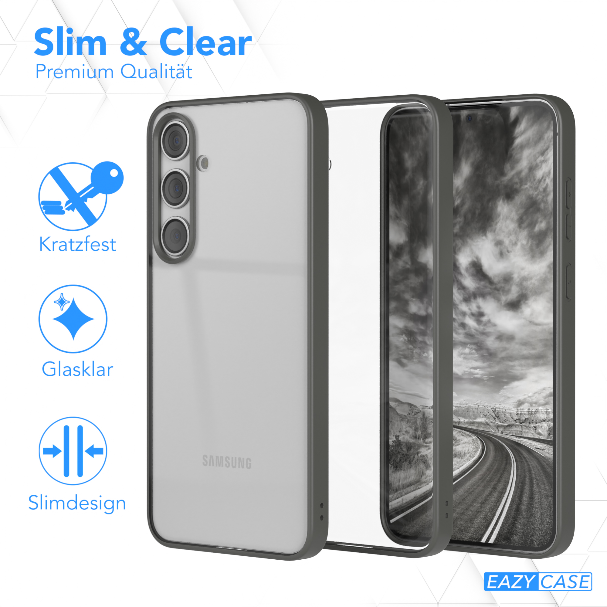 Drei Telefonhüllen gestapelt. Klare Hülle, schwarzer Rahmen. Text: Schlank & Klar, Kratzfest, Glasklar, Slim Design.
