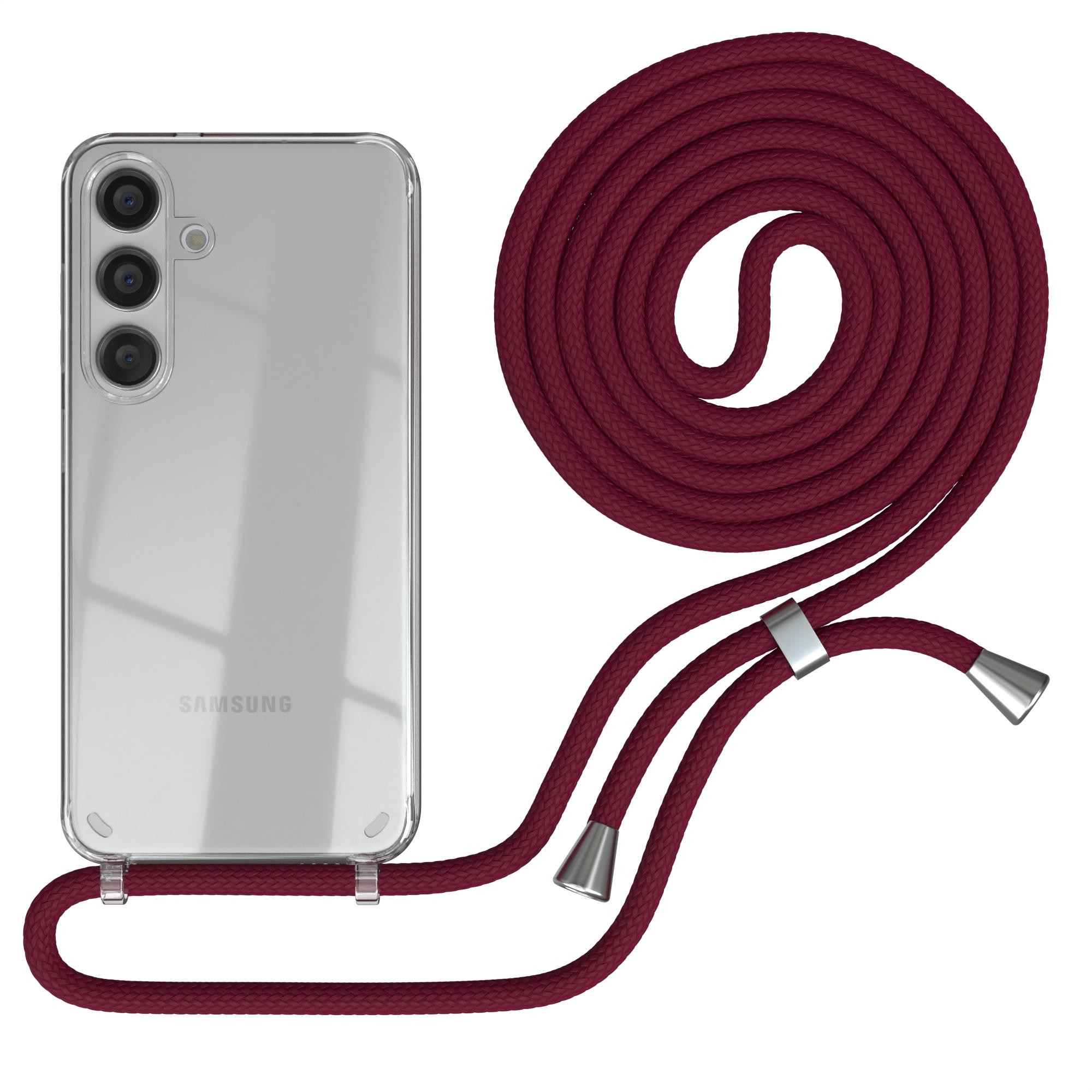 Transparente Handyhülle mit roter Kordel, links Telefon, rechts Kordel.