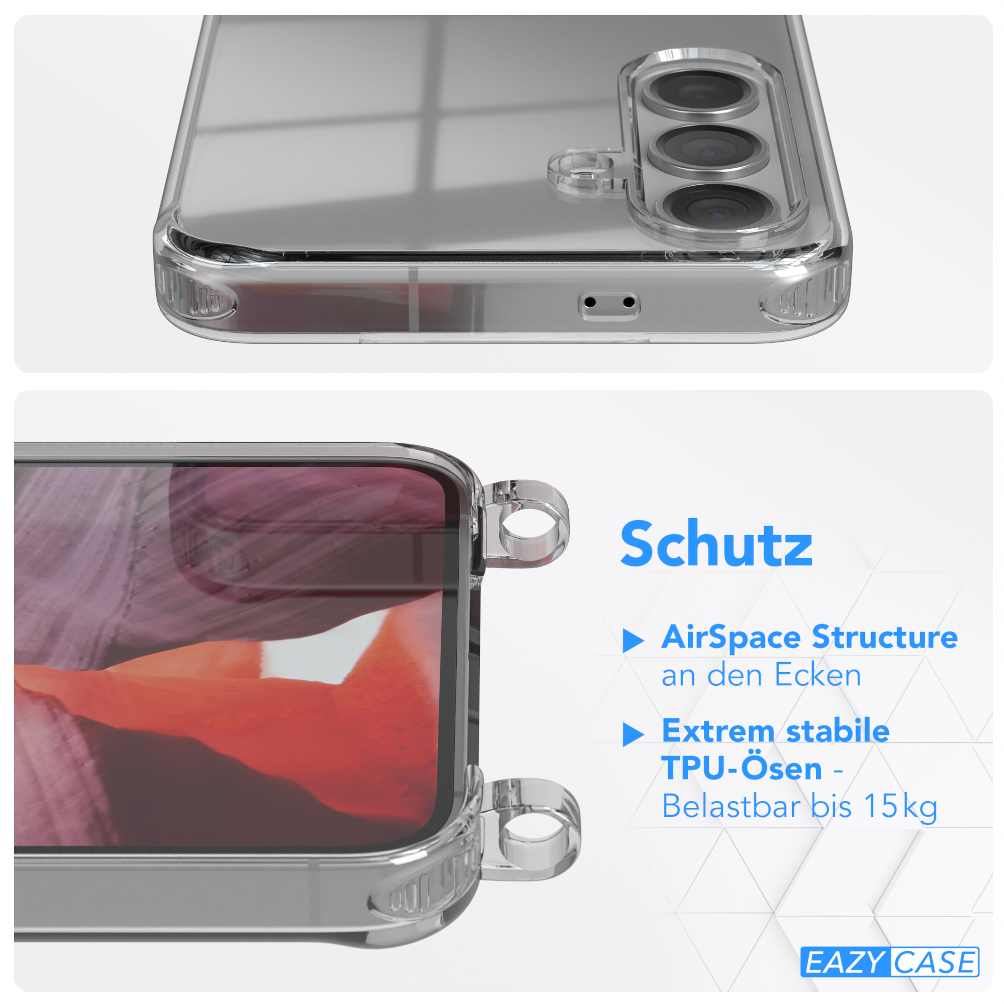 Transparente Handyhülle mit Text über Schutzfunktionen und weißem Hintergrund.