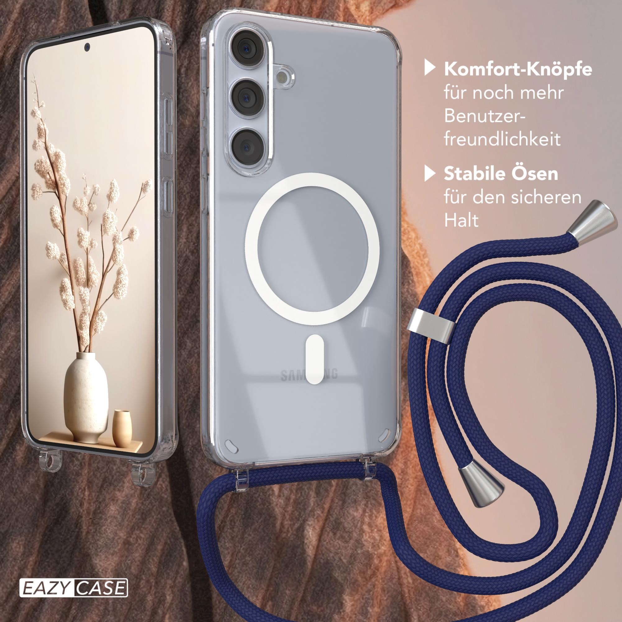 Zwei Telefone in Hüllen mit Lanyard, die Komforttasten und stabile Schlaufen zeigen. Eazy Case-Logo links unten.