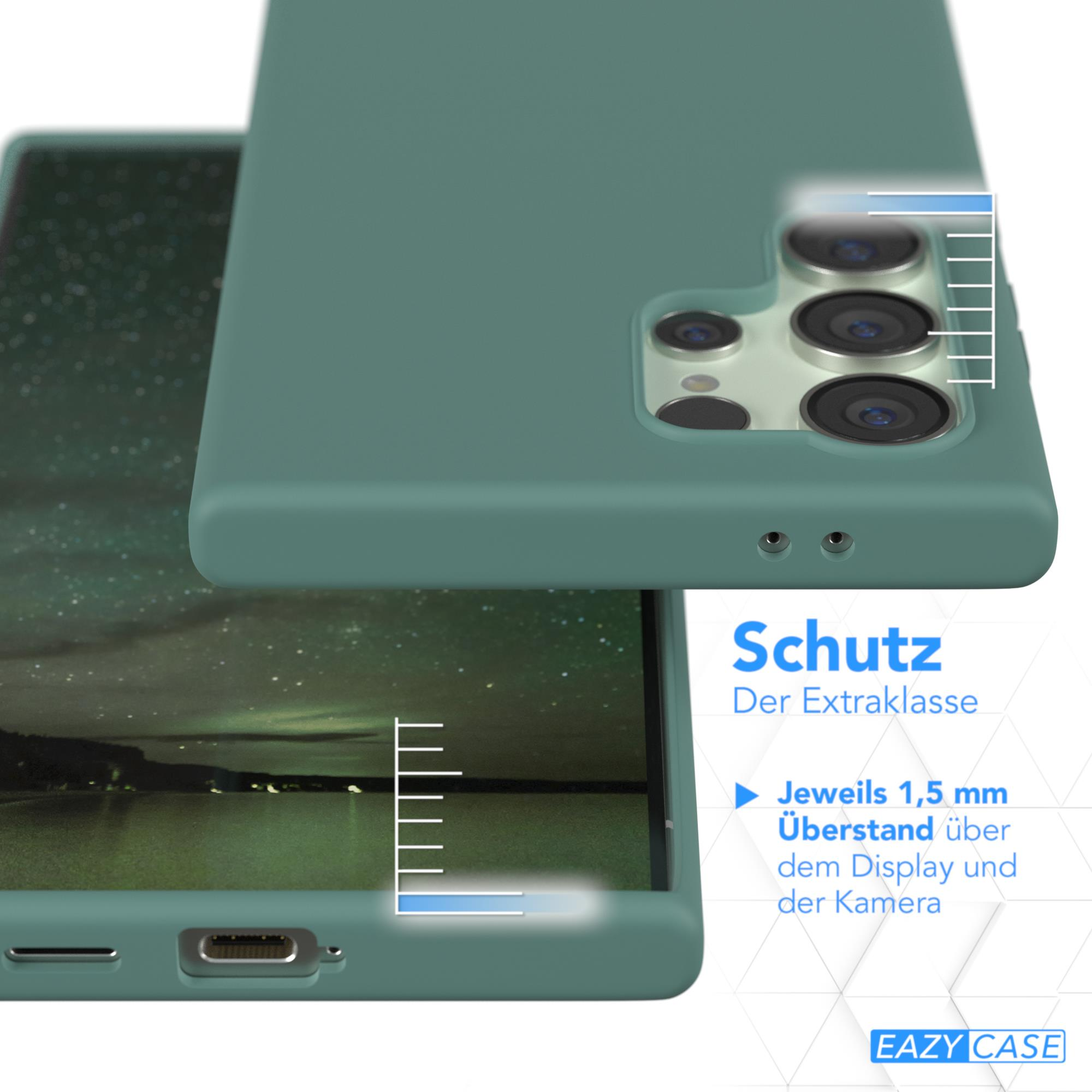 Nahaufnahme einer Handyhülle in Grün auf einem Telefon, mit Text über den Schutz.