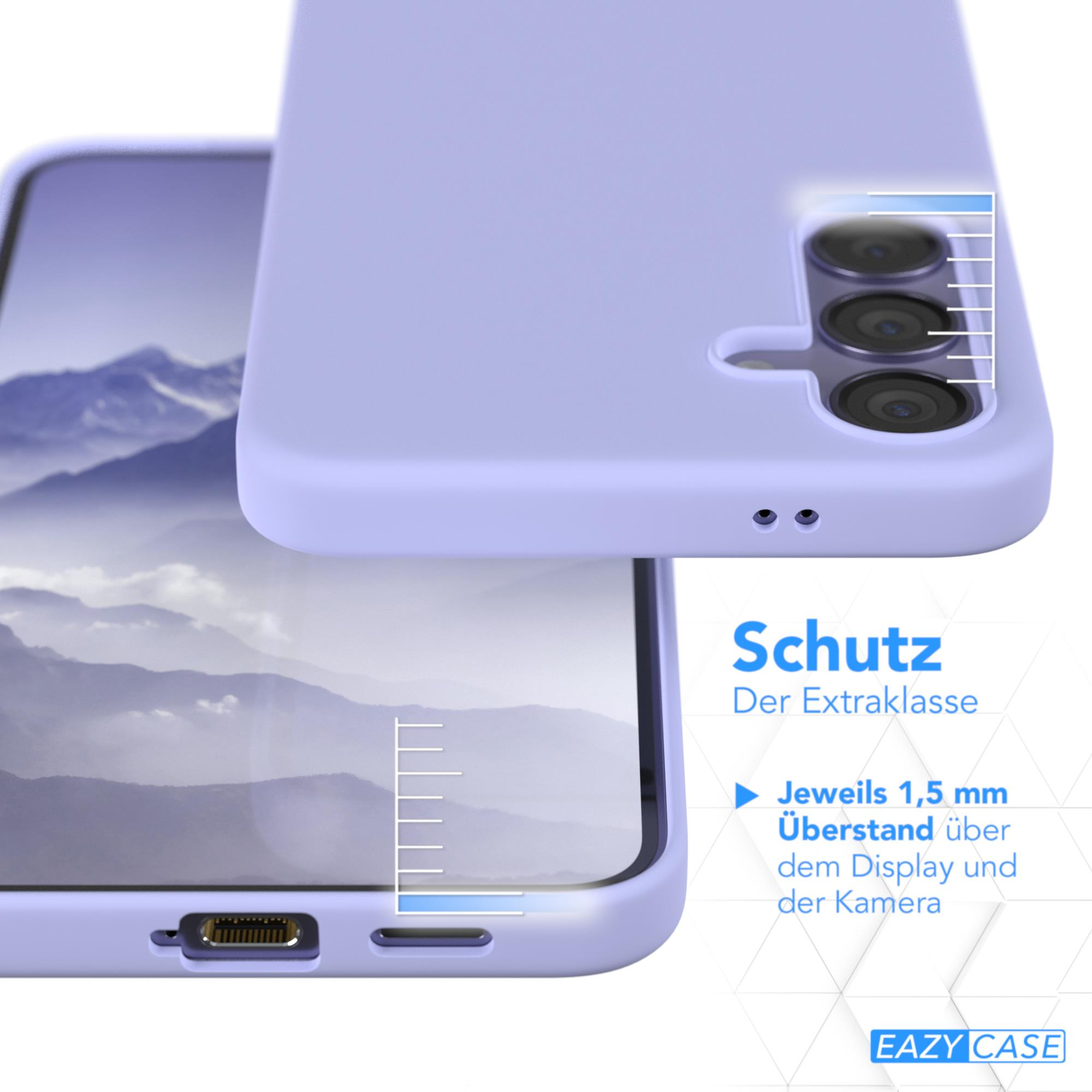 Nahaufnahme einer lilafarbenen Handyhülle mit Schutzmerkmalen für Display und Kamera des Telefons.