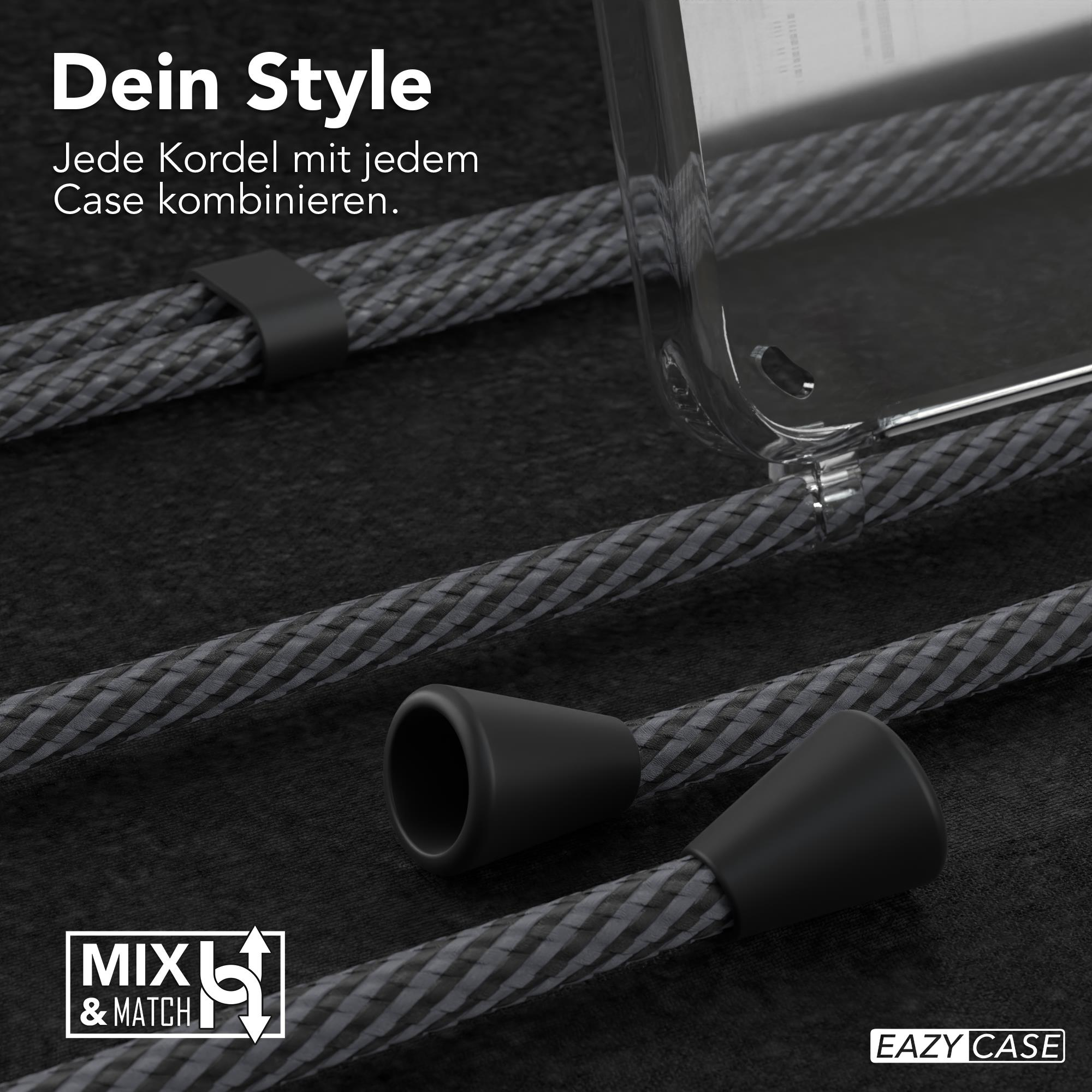 Nahaufnahme von grauen Kordeln mit schwarzen Akzenten für eine Handyhülle. Text: MIX & MATCH und EAZY CASE.