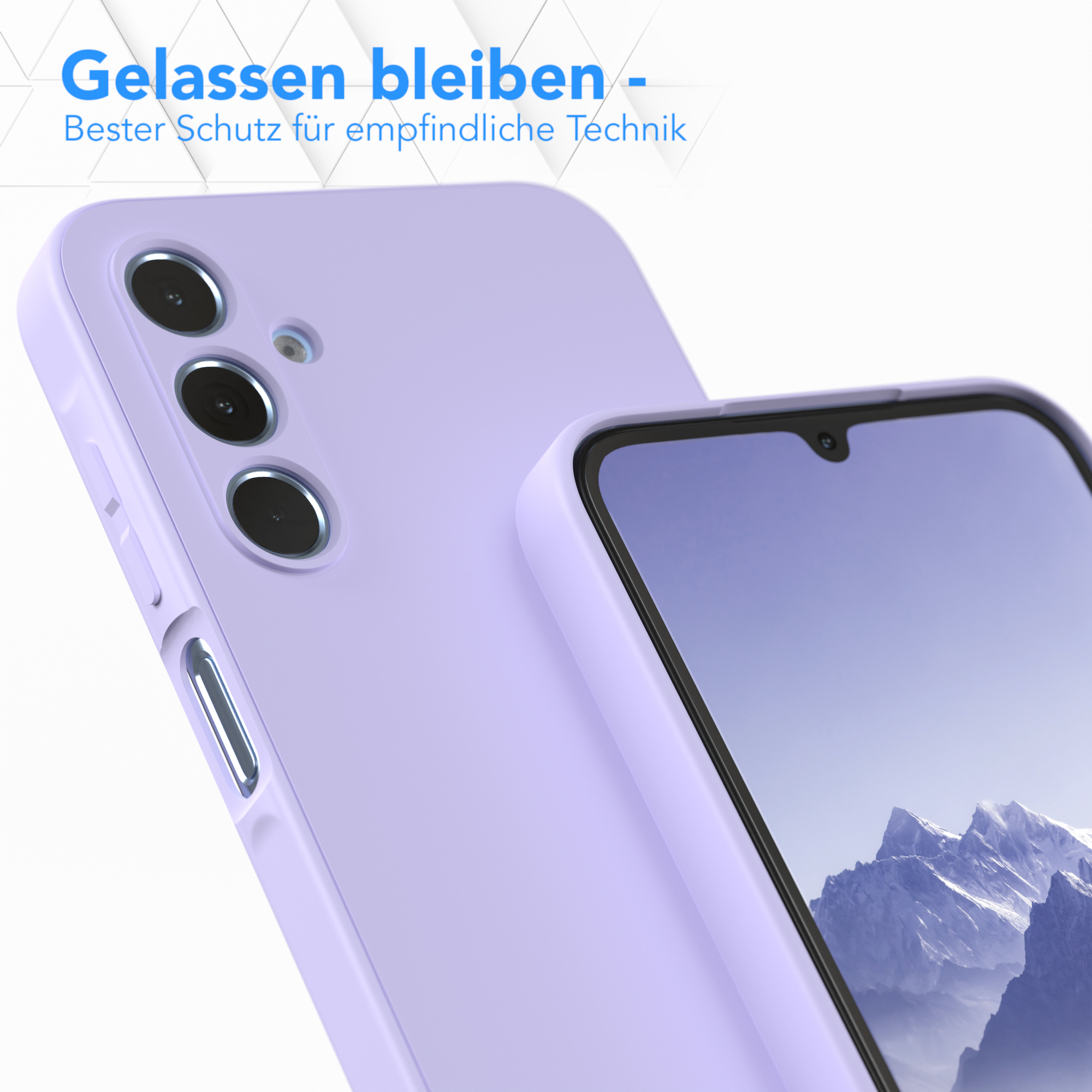 Handyhülle mit lila Rückseite, Handybildschirm sichtbar. Text oben: 'Gelassen bleiben'.