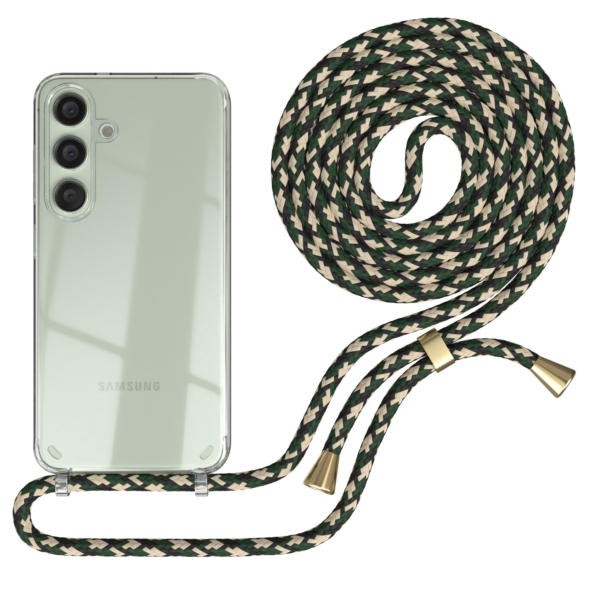 Transparente Handyhülle mit grünem Telefon. Es hat einen grün-schwarz-weißen geflochtenen Riemen.