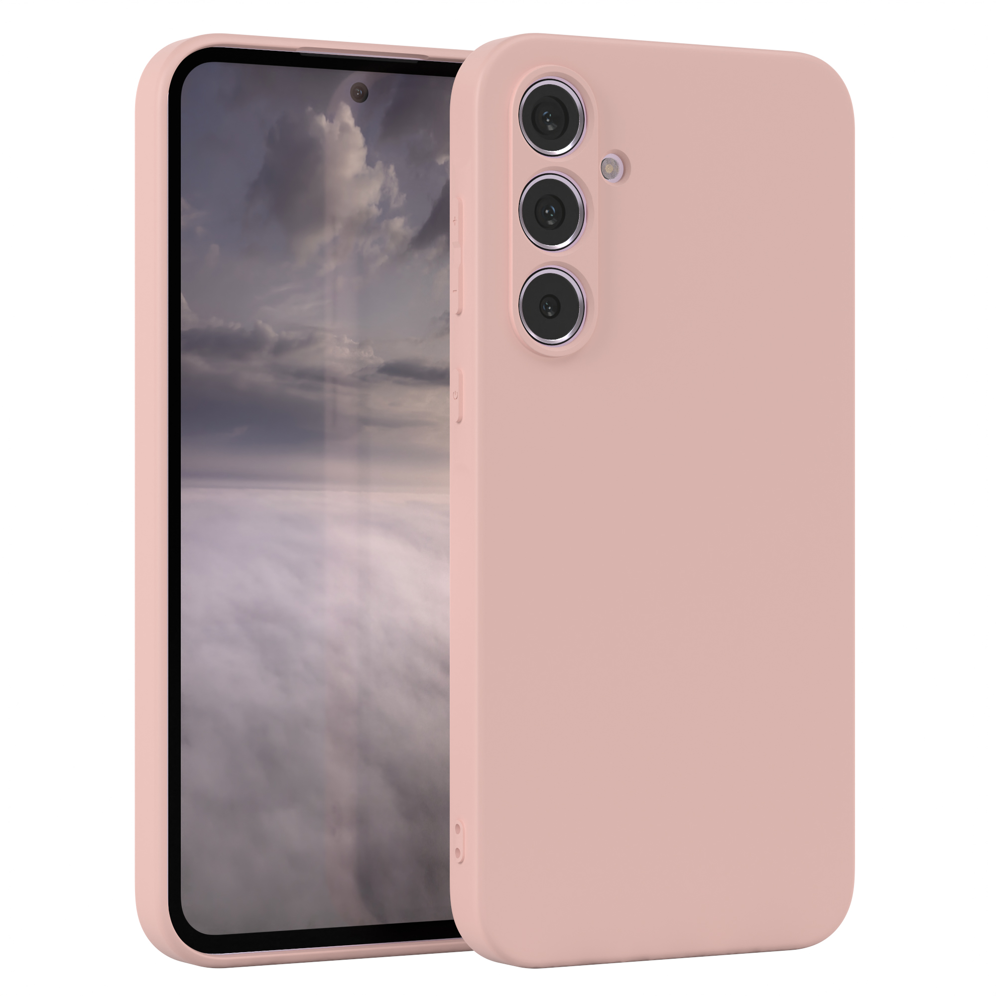Eine rosa Handyhülle auf einem Telefon. Das Telefon hat drei Kameralinsen auf der Rückseite. Weißer Hintergrund.
