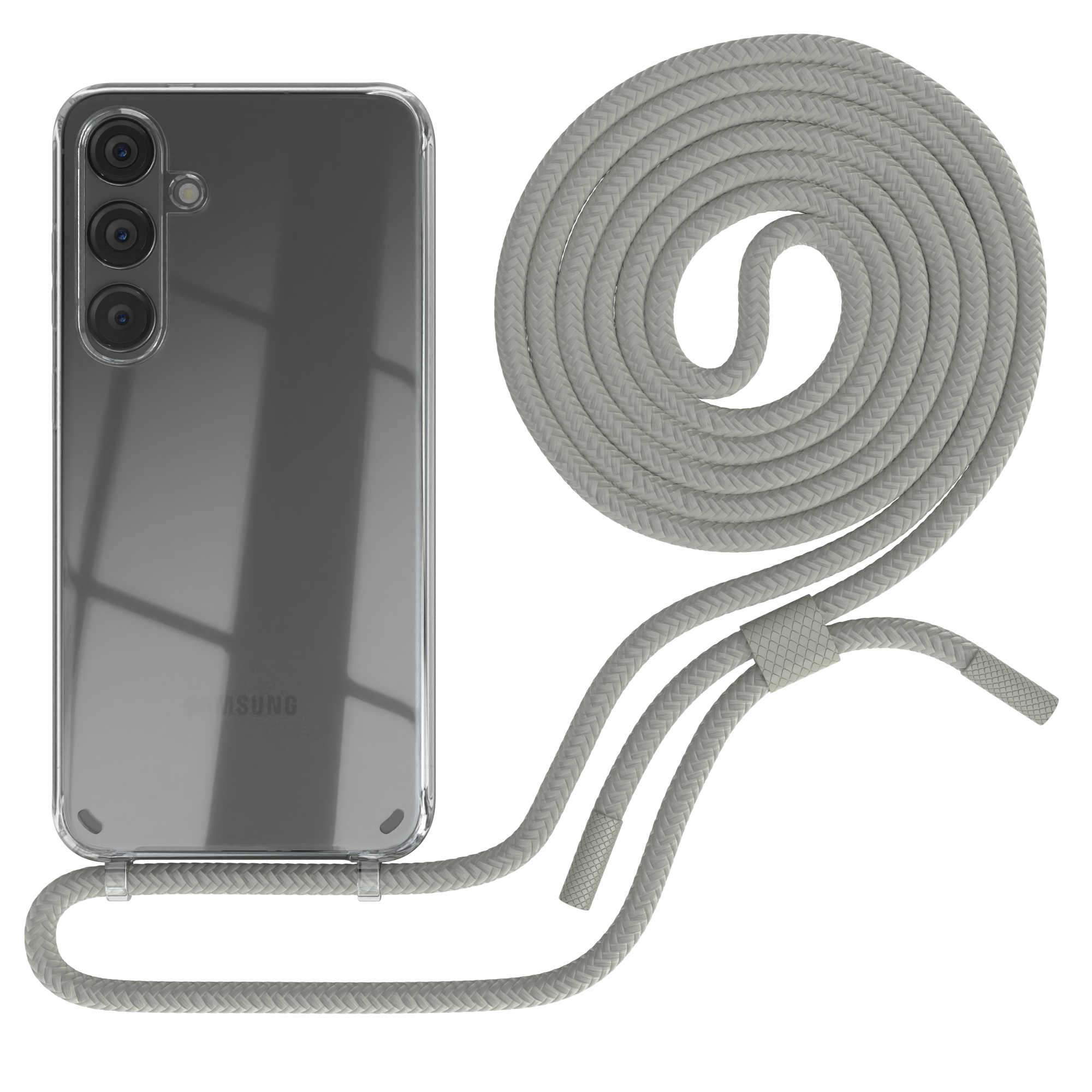 Transparente Handyhülle mit grauem geflochtenem Lanyard, vor weißem Hintergrund.