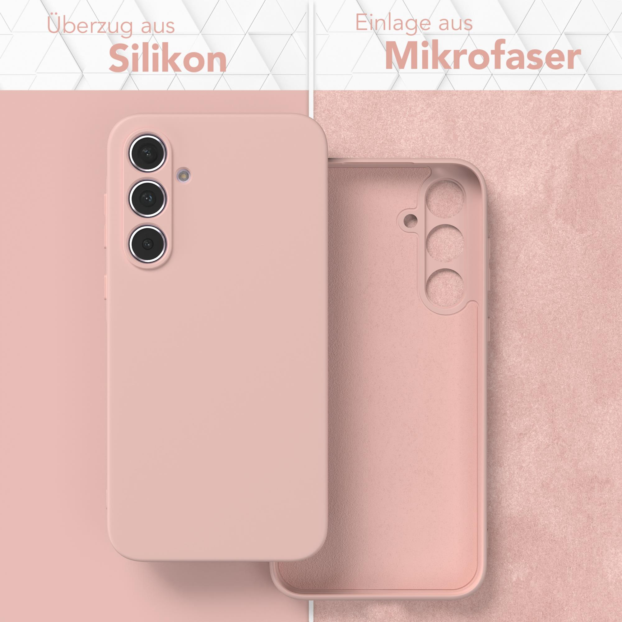 Eine rosa Handyhülle, die die Hülle und die Innenseite zeigt. Sie besteht aus Silikon und Mikrofaser.